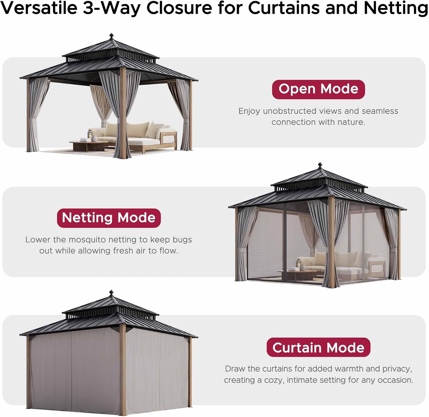 SUNJOY Kingston 12' x 12' Hardtop Wood Gazebo with Galvanized Steel Double Roof, Curtain and Netting, Cedar Posts Permanent Pavilion Gazebo for Garden, Patio, Deck, Lawn
