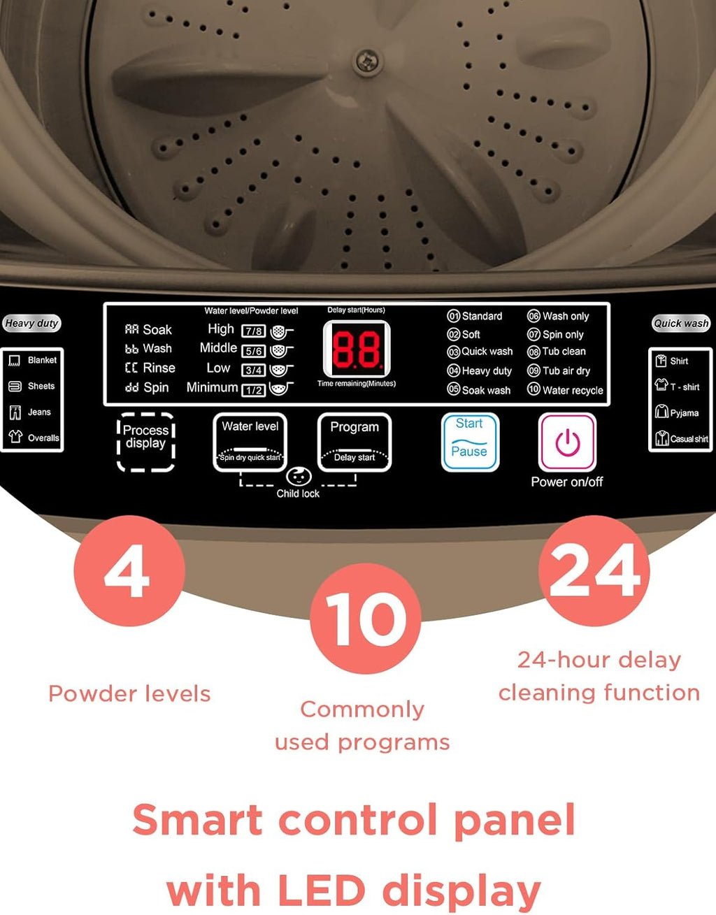 F.W.WOOLWORTHS 17.7 lbs Washing Machine with Drain Pump, Full Automatic Washer with 10 Wash Programs 8 Water Levels for Home, Apartment, RVs, Dorm, Glod