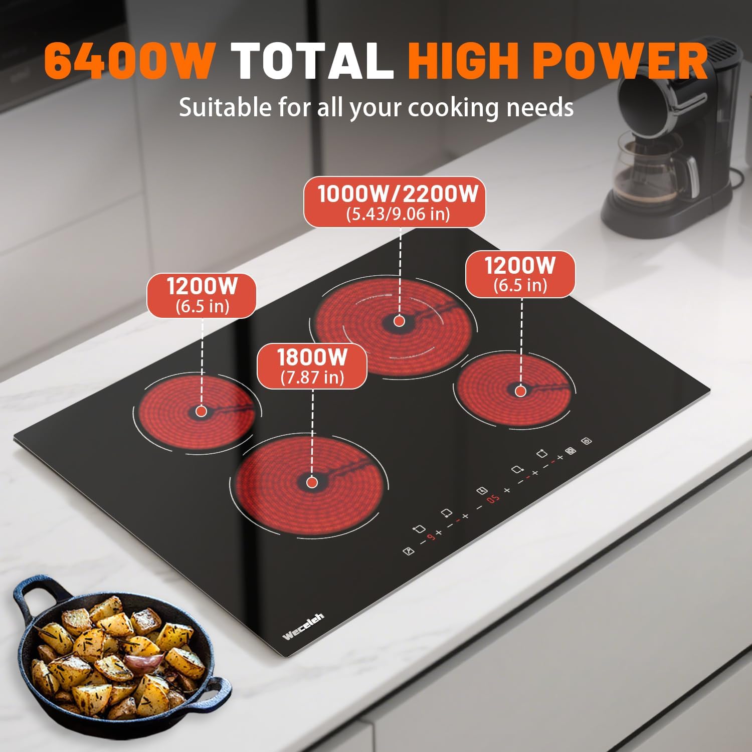 Electric Cooktop, 30 Inch Built-in Ceramic Cooktops 6400W, Electric Stove Top with 4 Burners 220-240V(No Plug), 9 Heating Levels, Child Lock, Sensor Touch Control, Residual Heat Warning