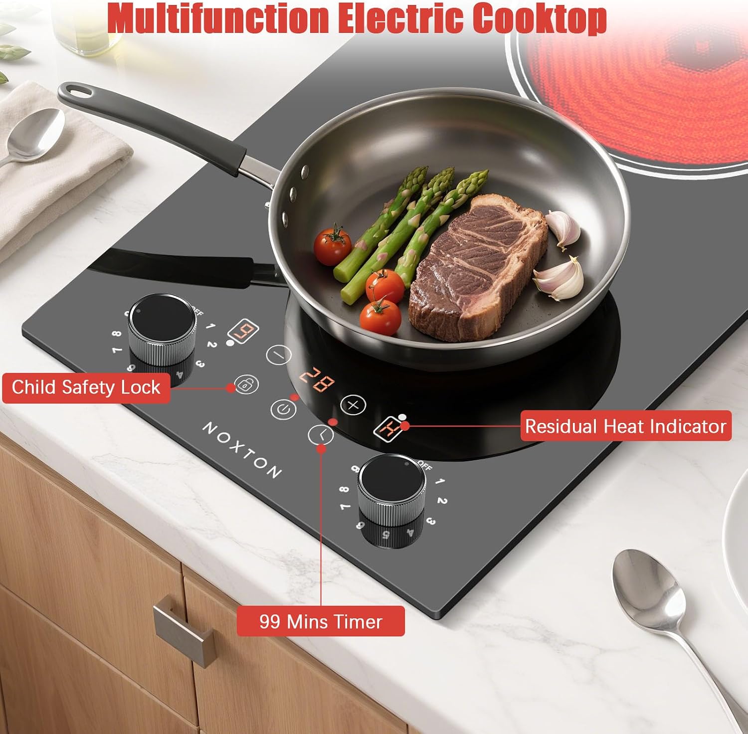 Noxton 2 Burners Electric Cooktop, 12 Inch 110V Radiant Ceramic Stove with Knob & Touch Control, 2000W Built-in or Countertop Electric Hot Plate, Timer, Child Lock, Residual Heat Indicator(BW)