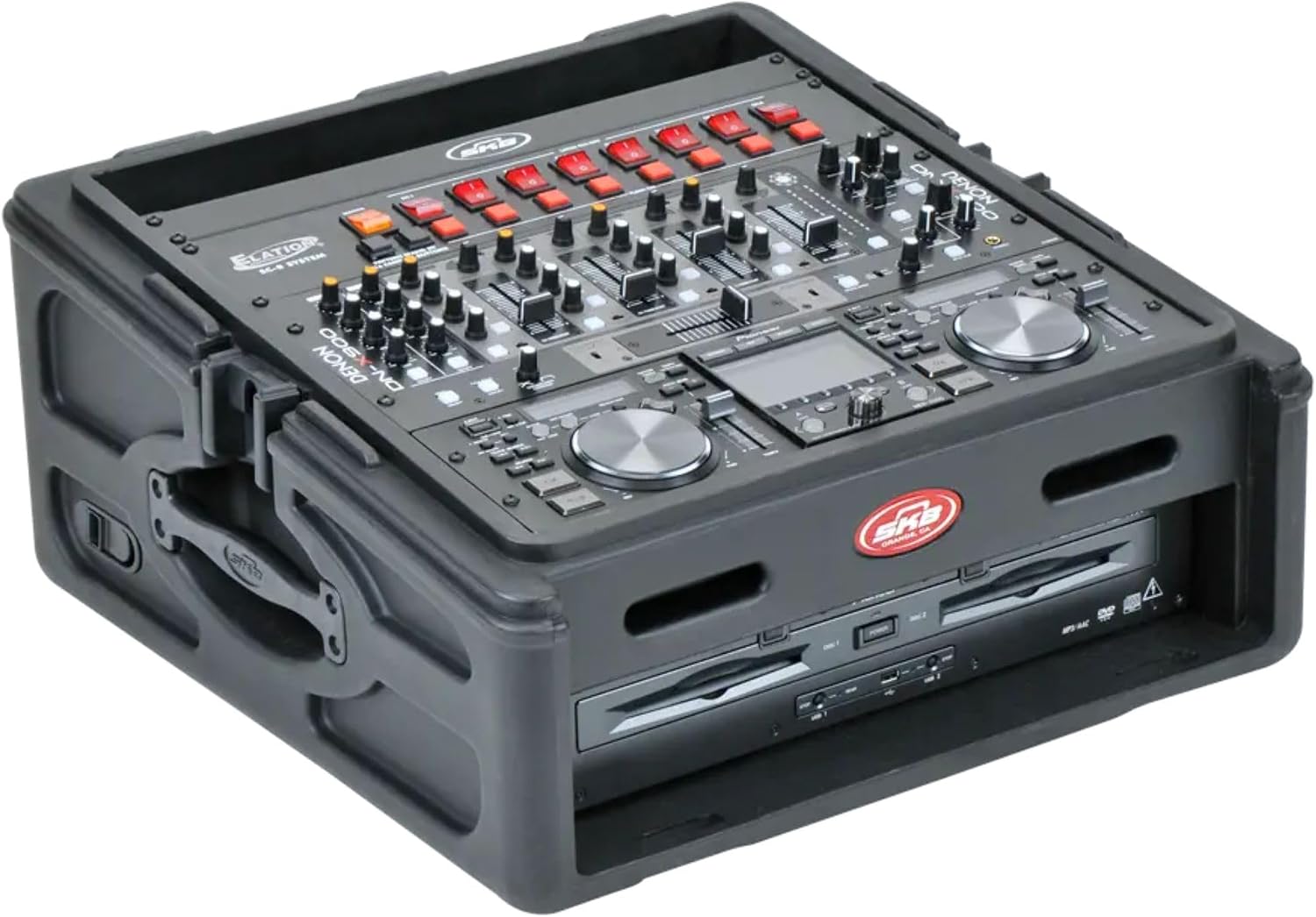 SKB Roto Rack/Mixer Console, 10U Slanted Rackmount on top, 2U Rackmount in Front with Steel Threaded Rails, Hard Lid and Doors and Side Access Ports