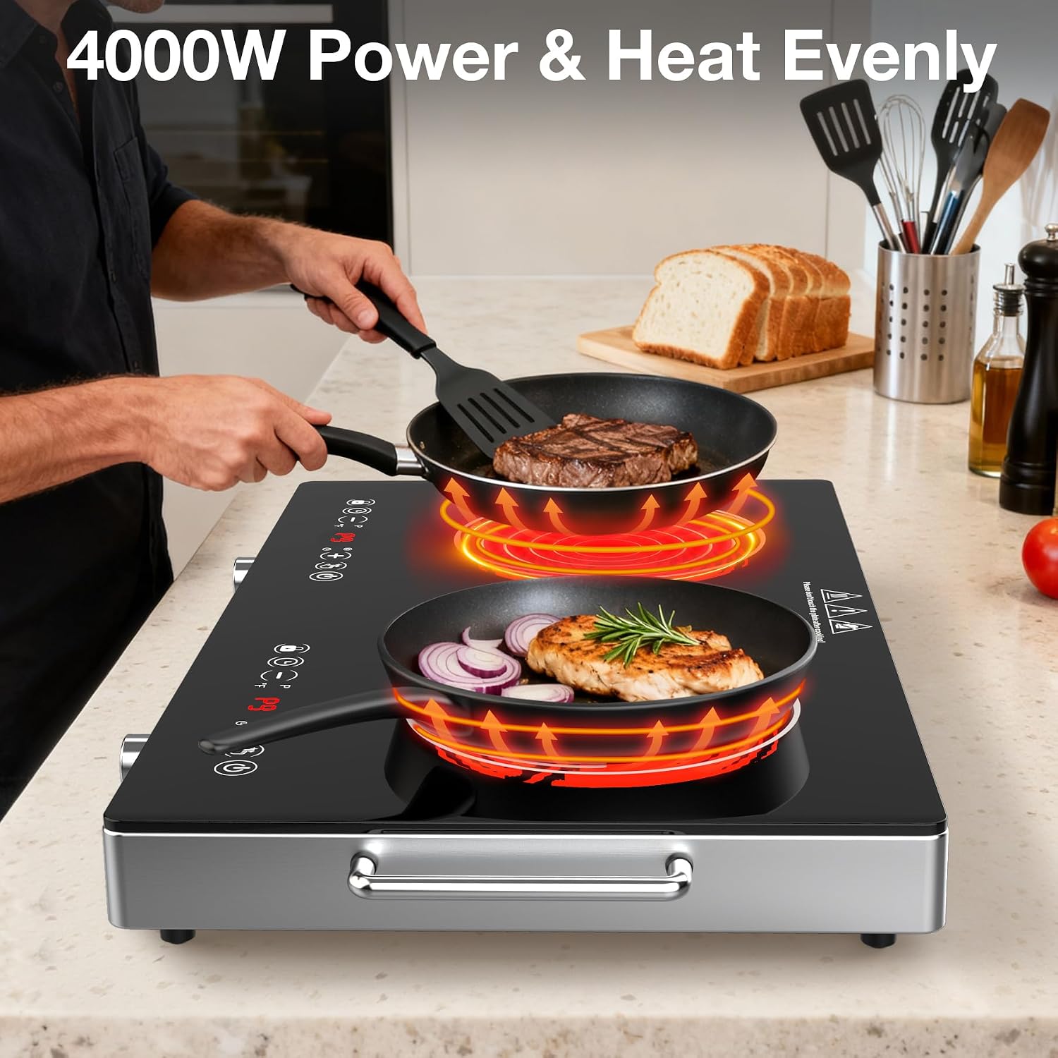 2 Burner Electric Cooktop 110V, 4000W Portable Electric Stove Infrared Hot Plate, 24 inch Countertop Burners with Handle, 3-Hours Timing Setting & Kid Safety Lock, Compatible for All Cookwares