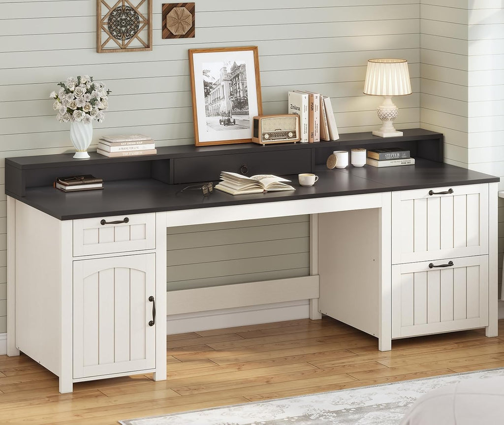 SEDETA Farmhouse 63' Executive Desk, Home Office Desk with File Drawer and Monitor Stand, Computer Desk with Drawers and Storage Cabinet, Wood Desk for Work Study Writing, White