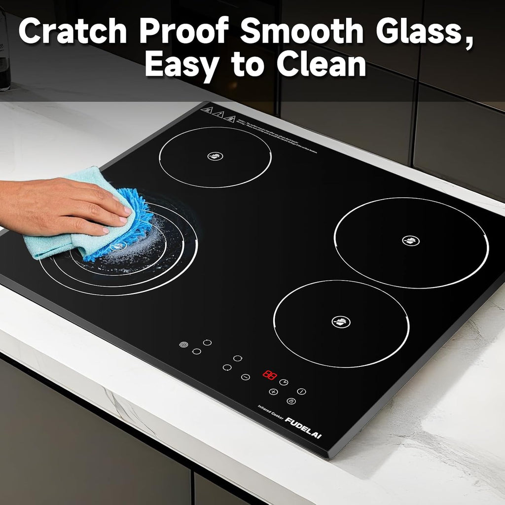 24 Inch Electric Cooktop 4 Burners,6500W 24' Electric Ceramic Cooktop with Child Lock & Auto Safety, Built-in/Countertop Infrared Cooker, 9 Power Levels, Easy-Clean Glass (No Plug)
