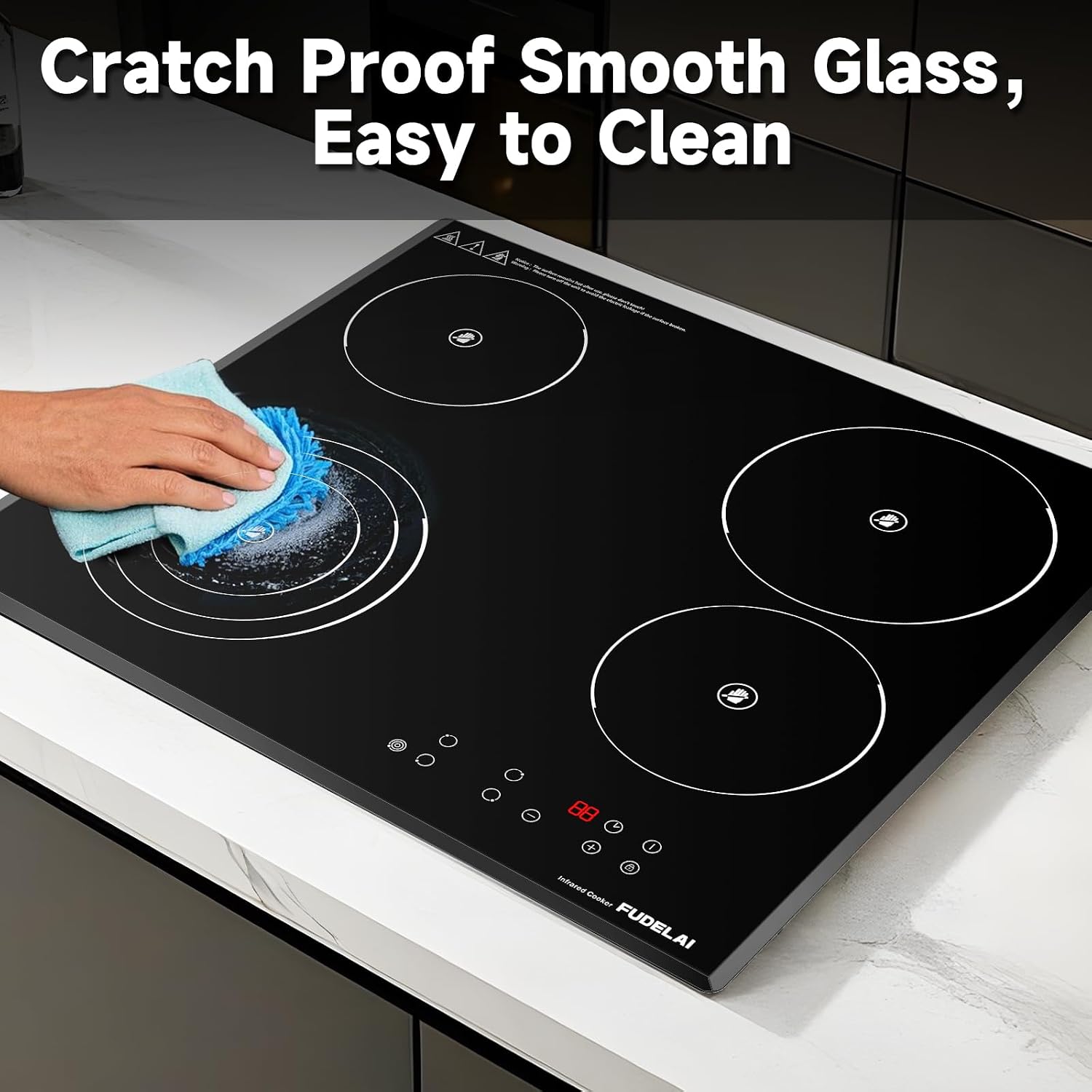 24 Inch Electric Cooktop 4 Burners,6500W 24' Electric Ceramic Cooktop with Child Lock & Auto Safety, Built-in/Countertop Infrared Cooker, 9 Power Levels, Easy-Clean Glass (No Plug)