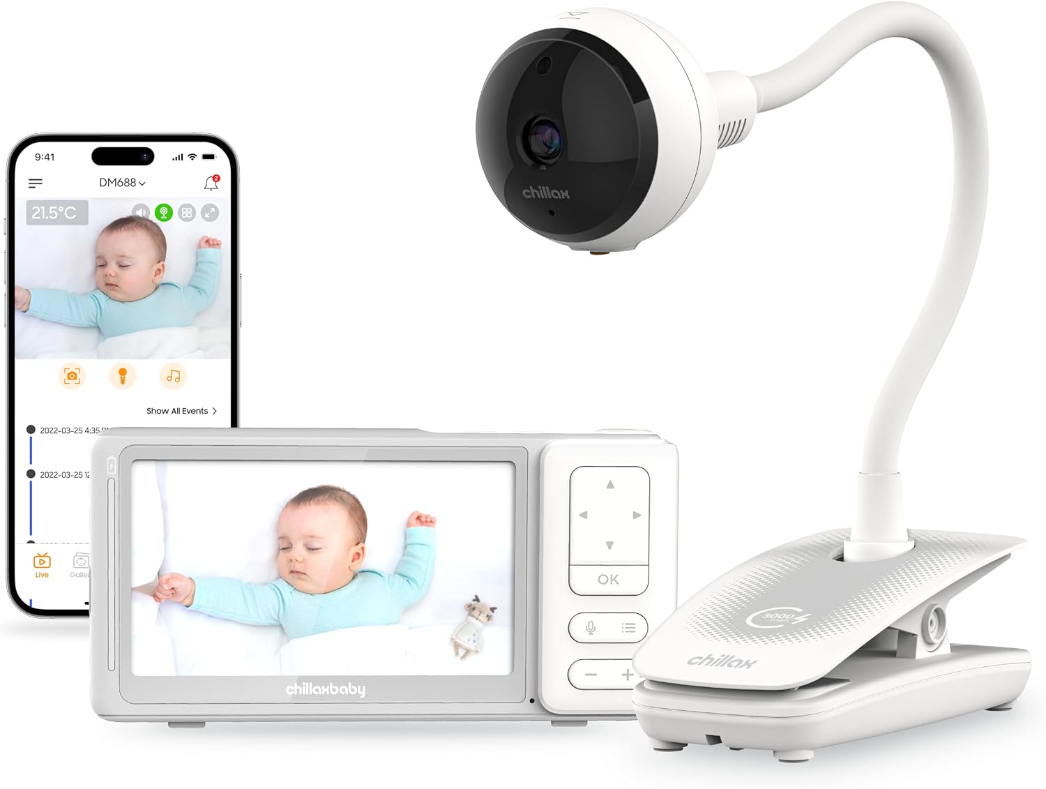 CHILLAX Giraffe Pro Portable Baby Monitor–Video Baby Monitor for Travel with Battery Base Stand,HD 1080p Camera and 5'Screen, Privacy Protection WiFi ON-Off Switch, Gooseneck Design, Night Vision