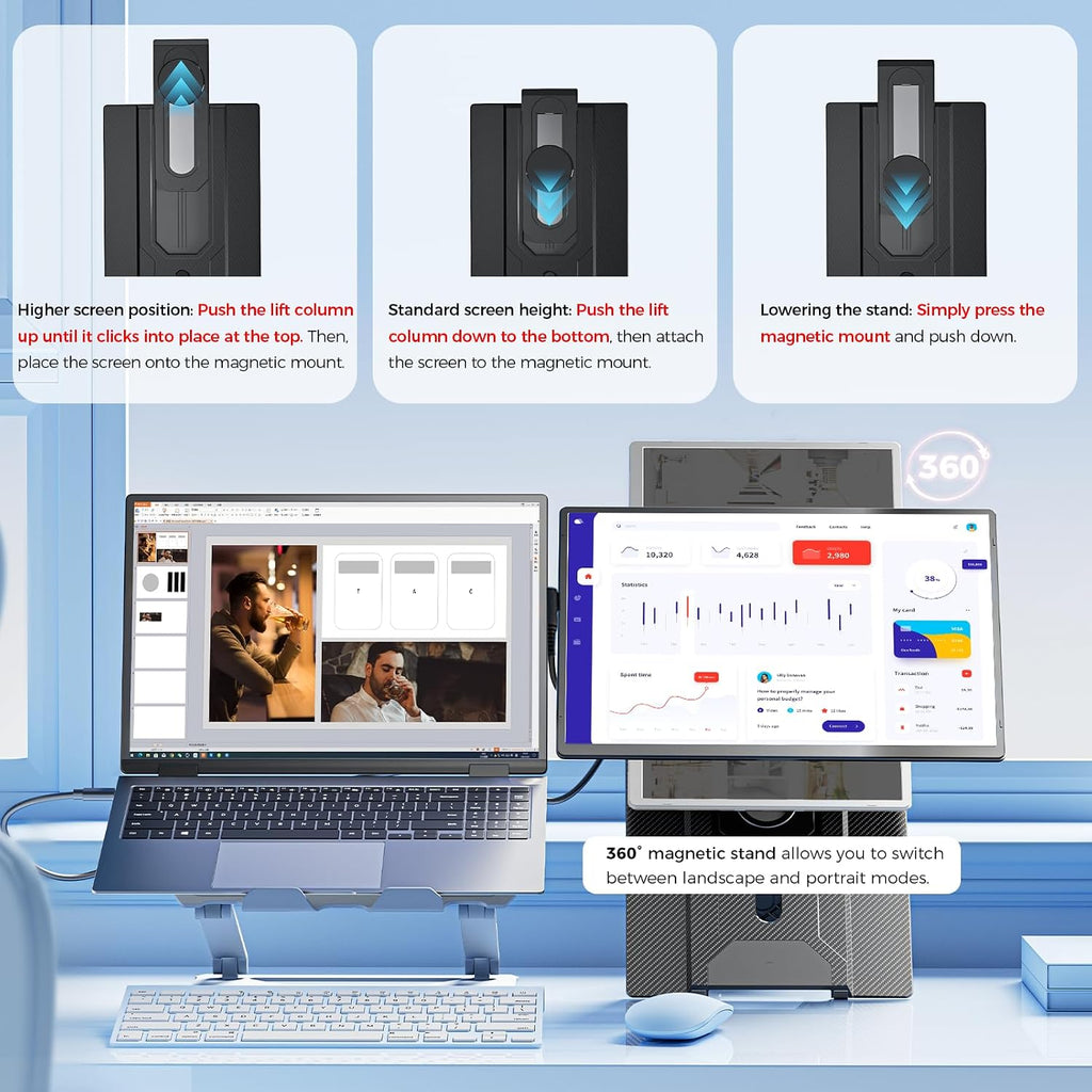 Laptop Screen Extender 16.1', 1200P FHD, Portable Monitor 360° Rotating Detachable Stand, Height Adjustable Monitor Extender for Laptop 13-17.5', Plug-Play for Tablet, PC, Phone, etc