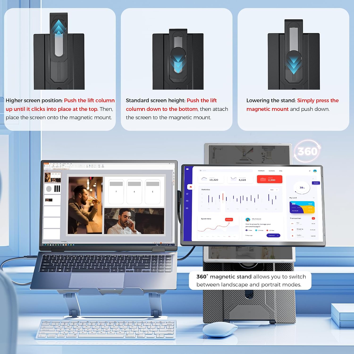 Laptop Screen Extender 16.1', 1200P FHD, Portable Monitor 360° Rotating Detachable Stand, Height Adjustable Monitor Extender for Laptop 13-17.5', Plug-Play for Tablet, PC, Phone, etc