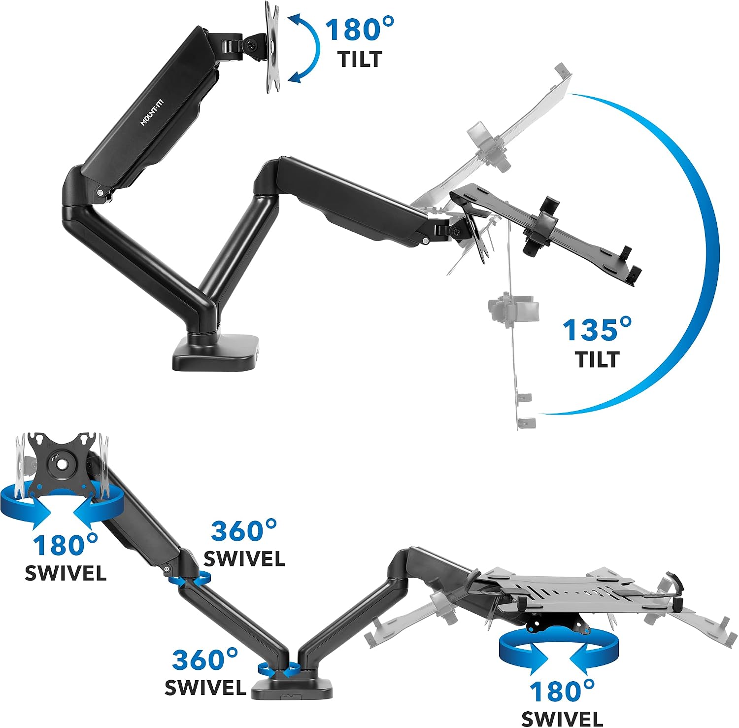 Mount-It! Monitor and Laptop Desk Mount, Height Adjustable Dual Arm Stand with Vented Laptop Tray, Fits Laptops up to 17 Inch and 13–27 Inch Monitors, VESA 75x75 & 100x100, Clamp or Grommet Mount