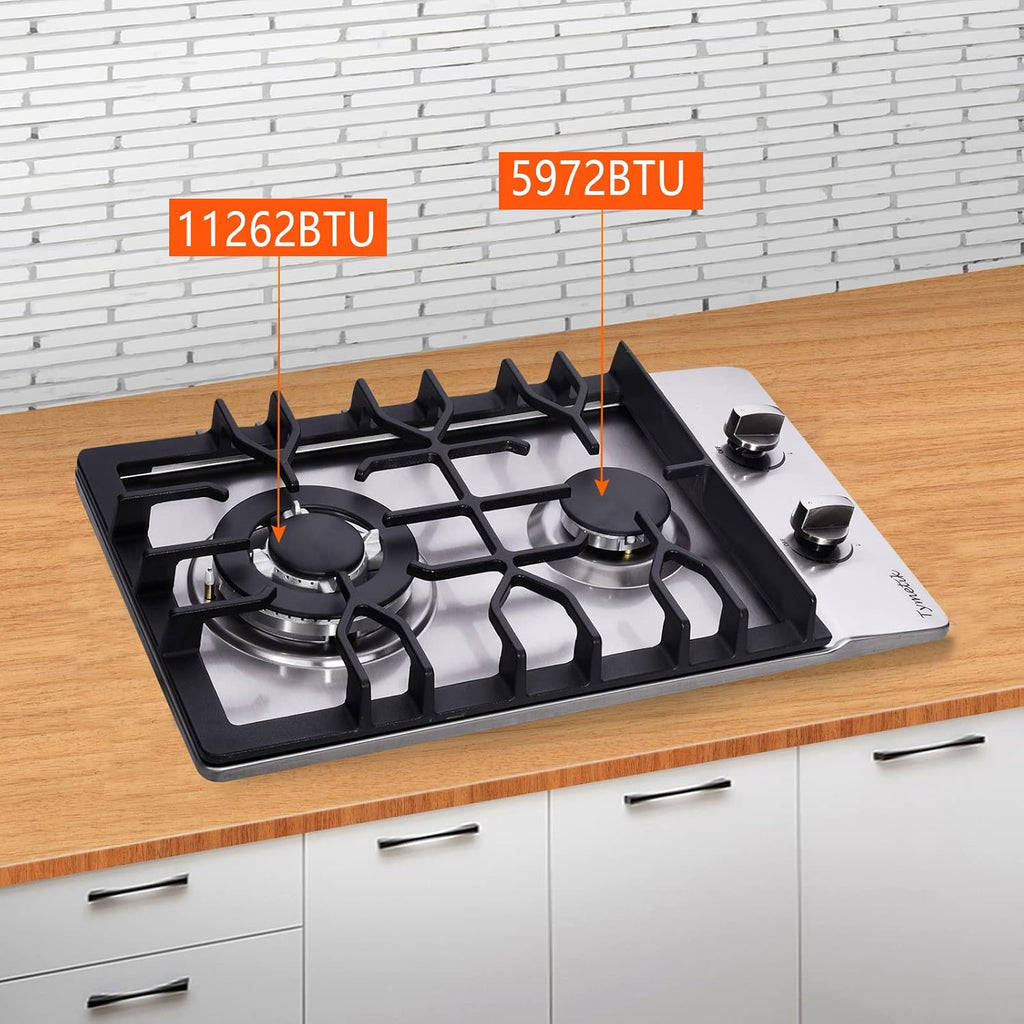 Bakysso Gas Cooktop 12 Inch, 2 Burners Gas Stovetop Built-in Stainless Steel Gas Stove Dual Fuel LPG/NG Convertible Gas Hob for RVs, Apartments, Outdoor, 12 Inch Stainless Steel