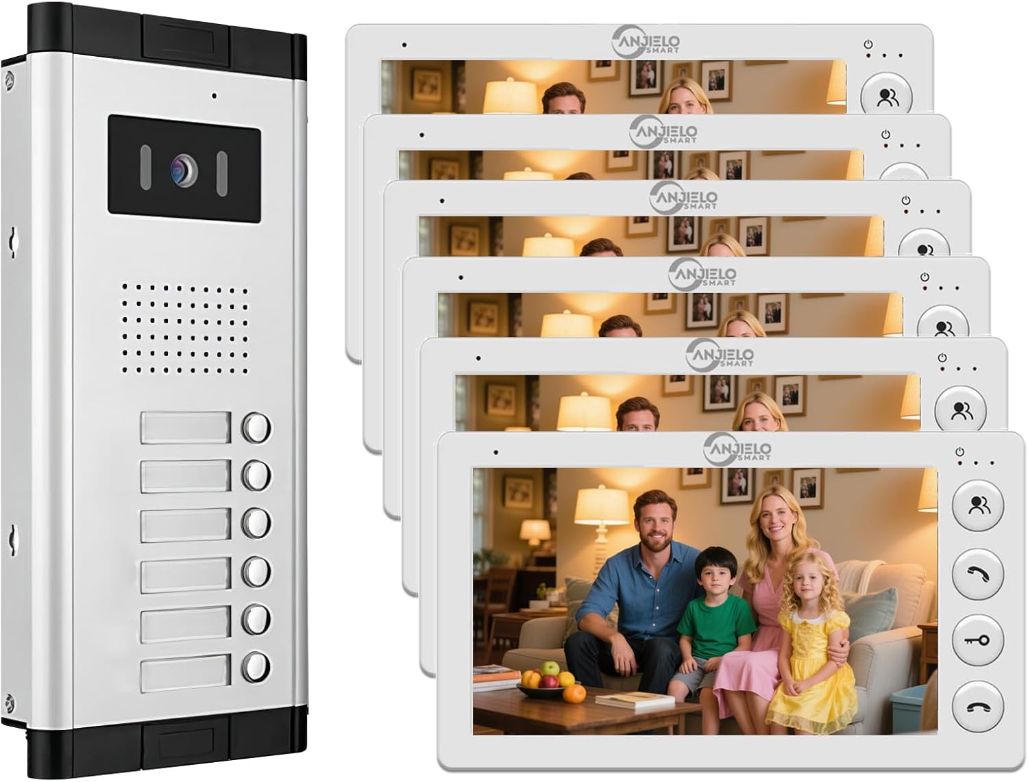 Wired Video Apartment Intercom System,2/3/4/5/6/8/10/12 Units Family 7 inch Monitor Video Door Phone Kit,Indoor Outdoor Video Doorbell,2 Way Audio for Home (1 Doorbell + 6 Monitor)