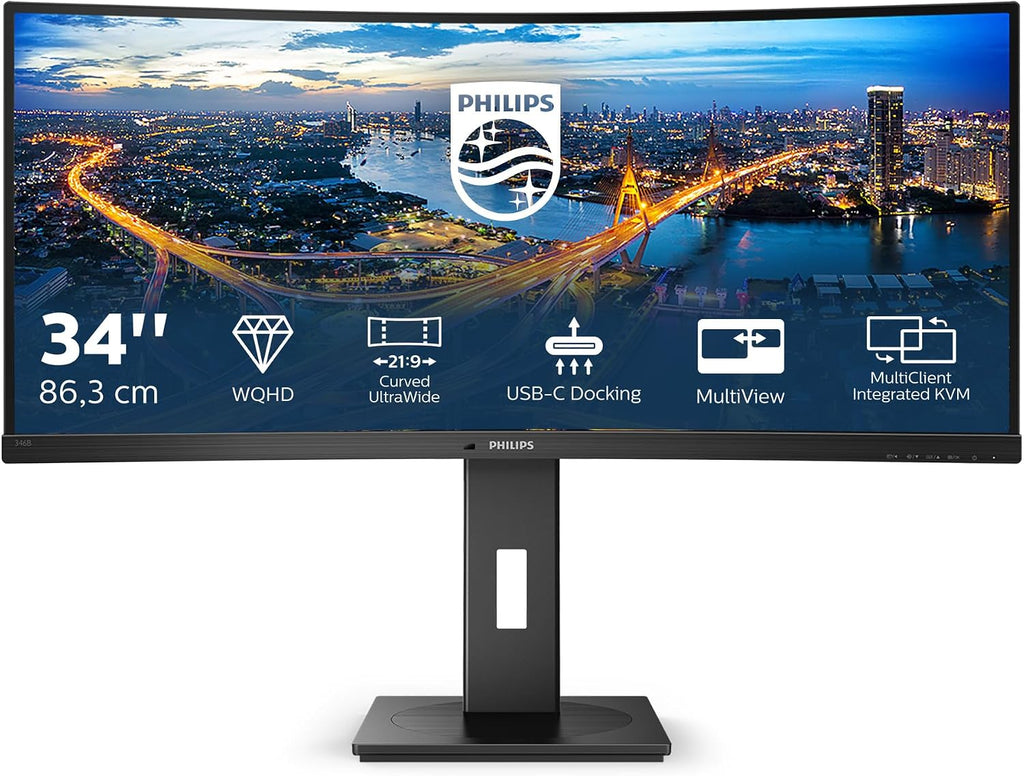 Philips Curved Monitor 346B1C 86 cm (34-inch) (HDMI, DisplayPort, USB-C, USB Hub, 3440 x 1440, 100 Hz, FreeSync, 5ms Response Time) Black