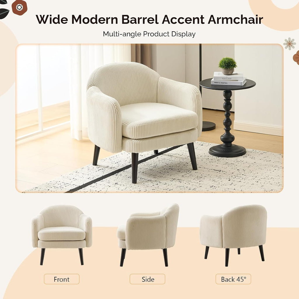 VINGLI 30.3' Wide Modern Barrel Accent Armchair with Track Armrest, Solid Wooden Legs, Comfy Upholstered Club Chair, Round Single Home Sofa for Living Room, Bedroom, Reading Room, Corduroy Beige