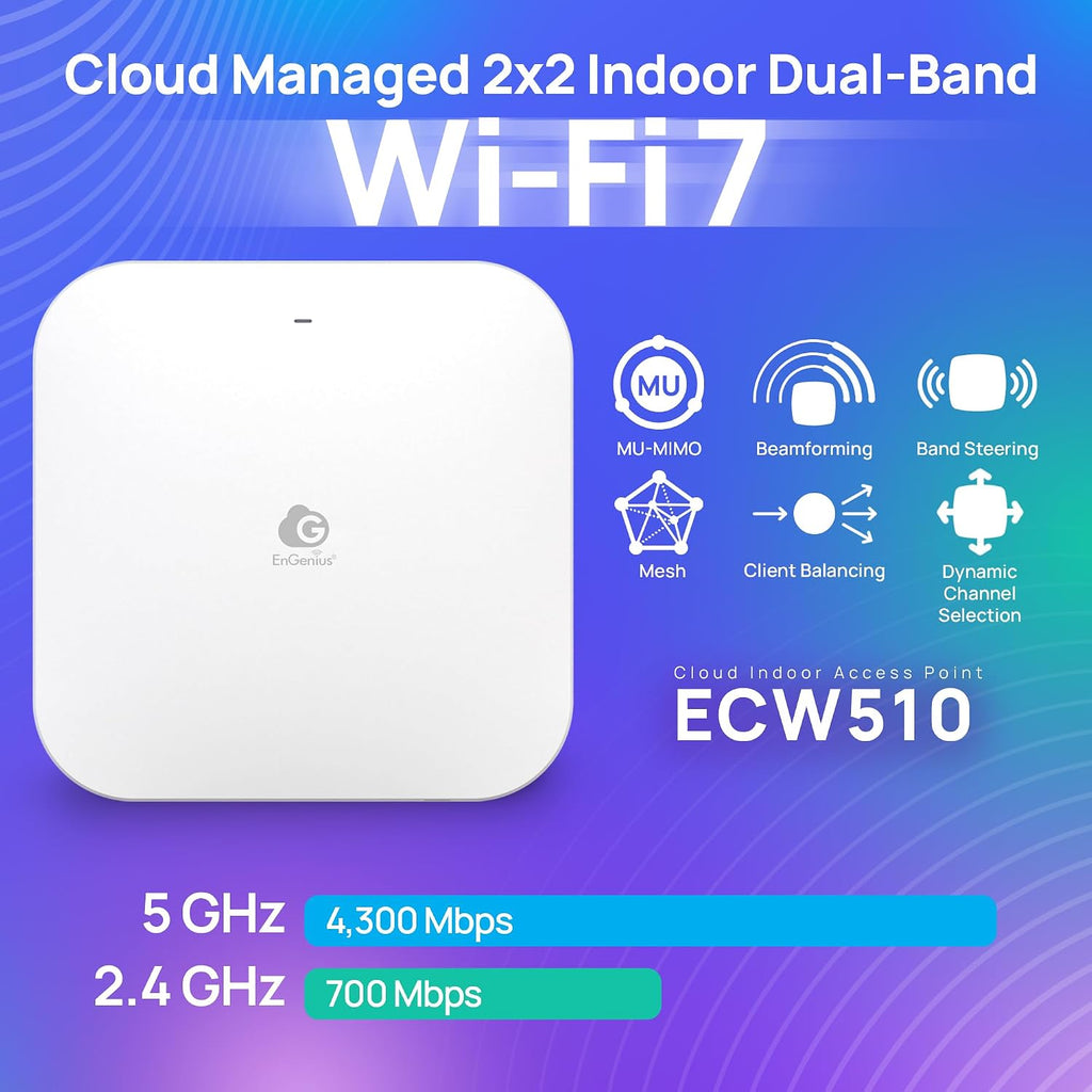 EnGenius ECW510 Wi-Fi 7 Indoor Access Point – Dual-Band 2x2 MU-MIMO, 2.5GbE PoE+, 4300 Mbps (5GHz) + 700 Mbps (2.4GHz), Supports 400 Devices, Up to 1,000 Sq Ft Coverage, Cloud Managed