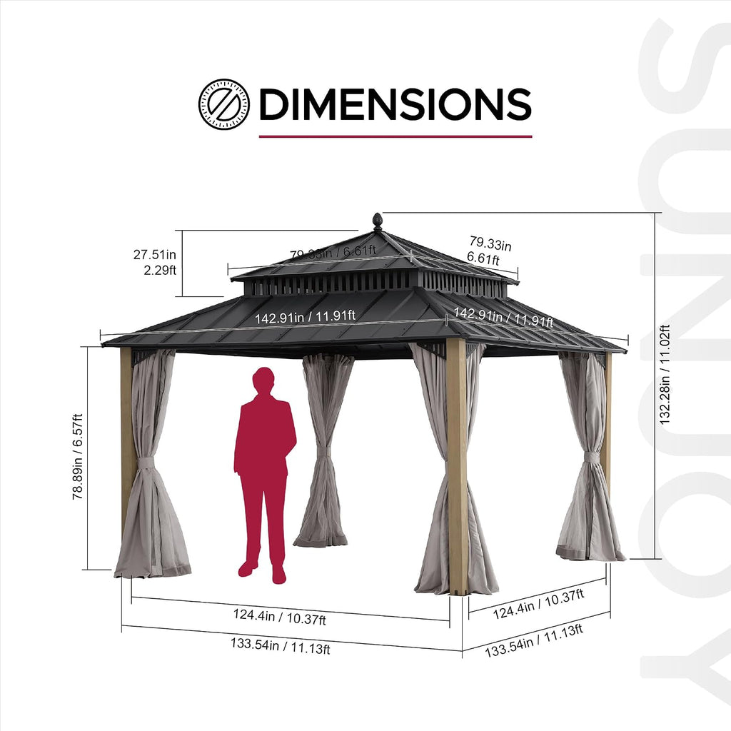 SUNJOY Kingston 12' x 12' Hardtop Wood Gazebo with Galvanized Steel Double Roof, Curtain and Netting, Cedar Posts Permanent Pavilion Gazebo for Garden, Patio, Deck, Lawn