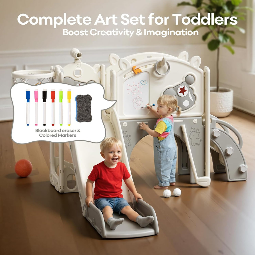 Mloong Toddler Slide for Kids - 10 in 1 Kids Slide for Toddlers Baby 1-3 Years Old, Indoor and Outdoor with Basketball Hoop Golf Drawing Set, Easy Assembly Elk Theme (Beige & Gray)(54×62×39in)