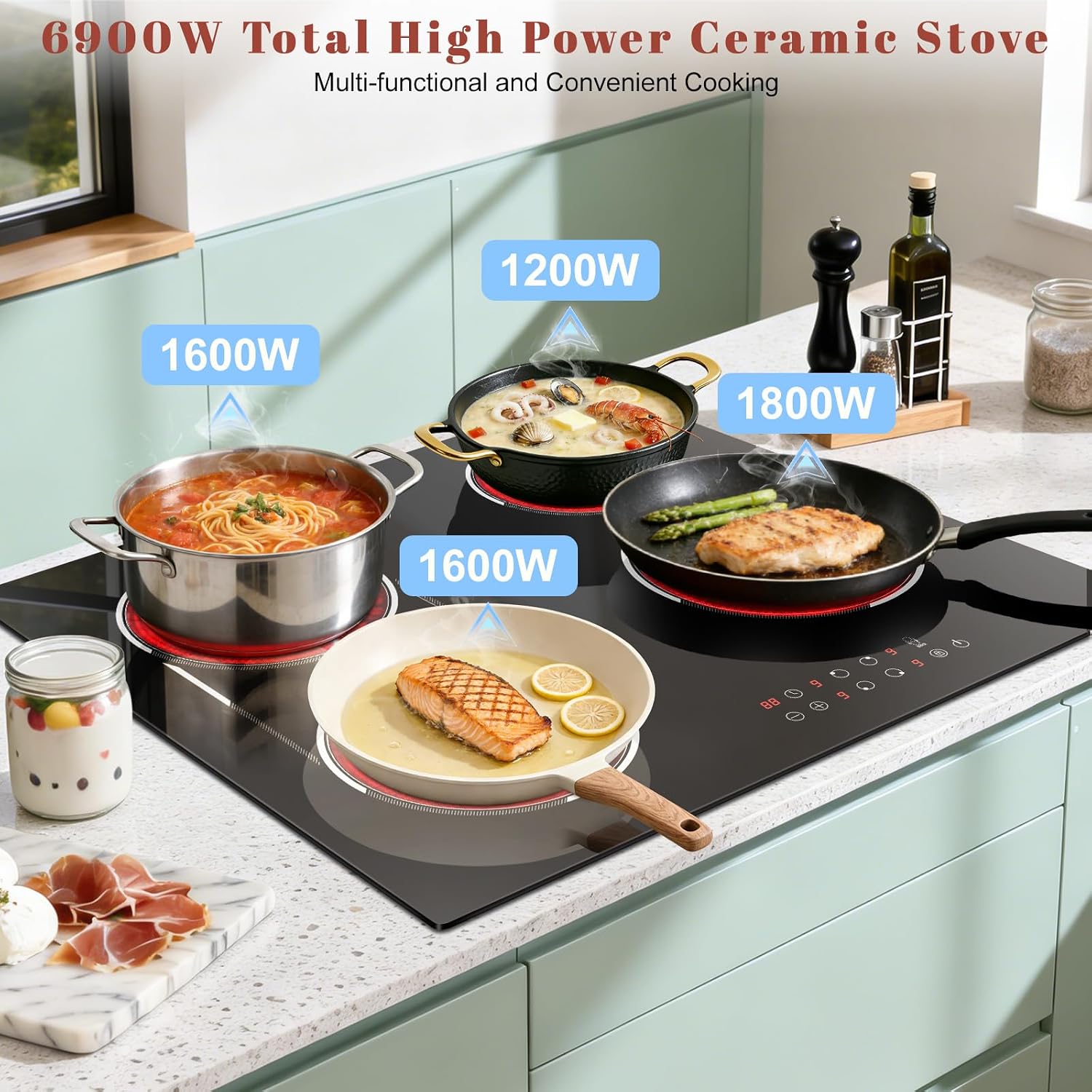 24 Inch Electric Cooktop Built-in, 4 Burner Electric Stove with 6900W Total High Power, 24' Ceramic Cooktop with BBQ Burner, Touch Control, Child Safety Lock, 220V-240V Hard Wire, No Plug