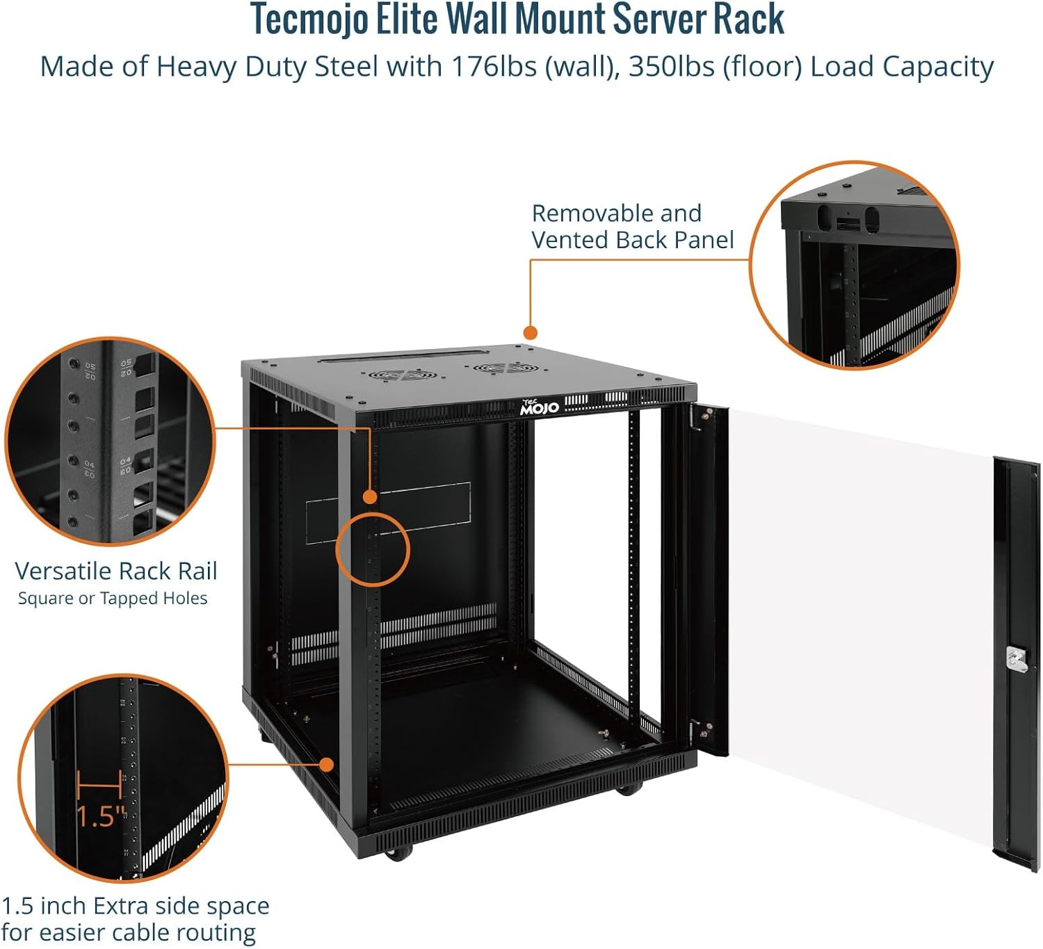 Tecmojo 15U Wall Mount Rack,15U Rack 23.6 Inch Depth,Hold Up to 176 Lbs,Enclosed Wall Mount Rack with 2 Colling Fans,for 19 Inch Network,Server and AV Gear,Glass Door(Elite Collection)