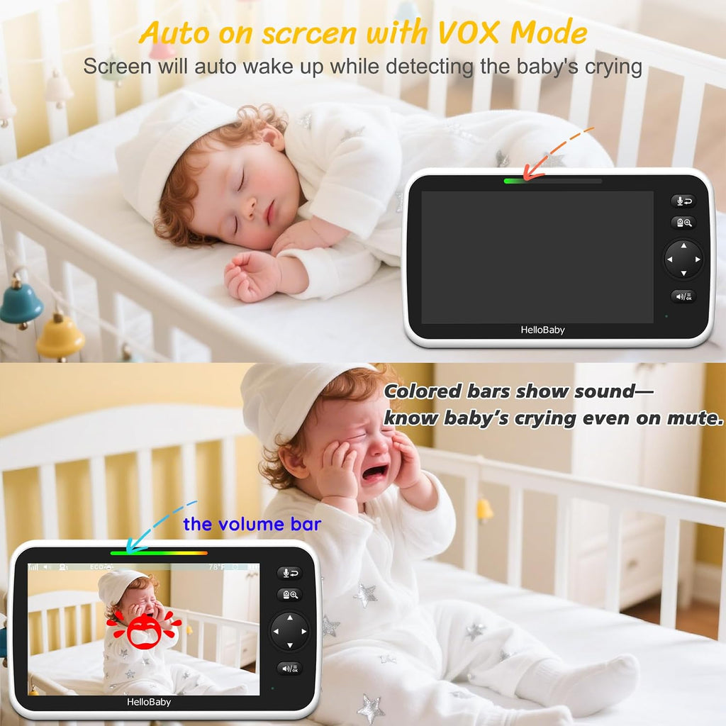 HelloBaby Baby Monitor with 2 Cameras, 6' World First Split Screen, No WiFi, 30H Battery, 355° Pan-Tilt-Zoom, Night Vision, VOX, 8 Lullabies, Temperature Alert, 1000ft Range, Portable for Travel