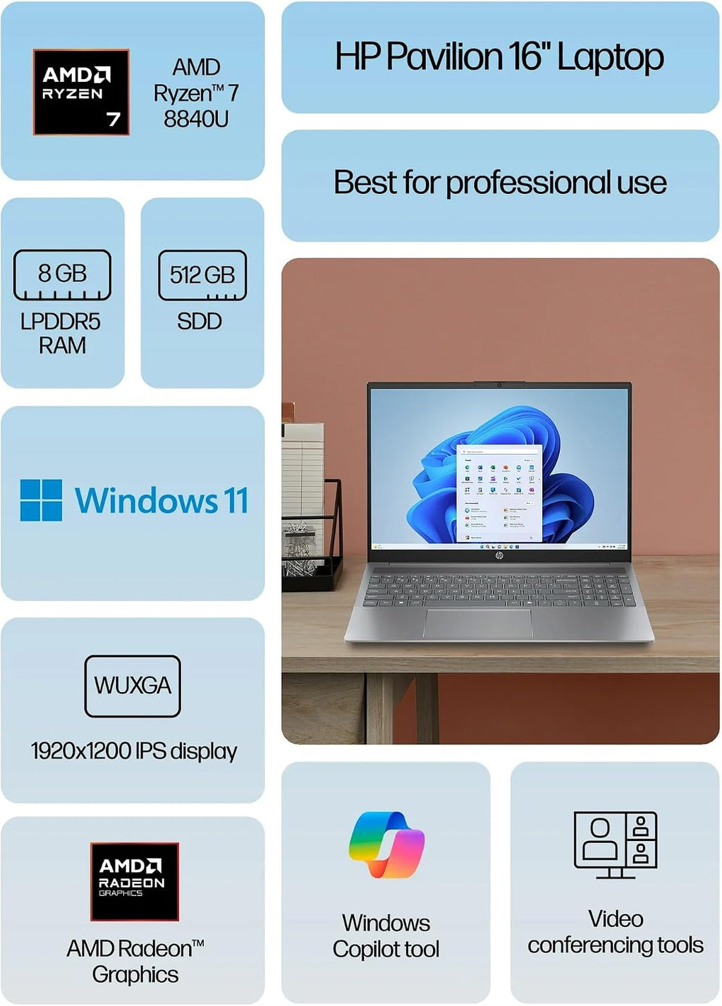 HP 16 Laptop in Silver Ryzen 7 up to 5.1GHz 8GB DDR5 512GB SSD 16in WUXGA Backlit Keyboard Win11 (16-ag - Renewed)