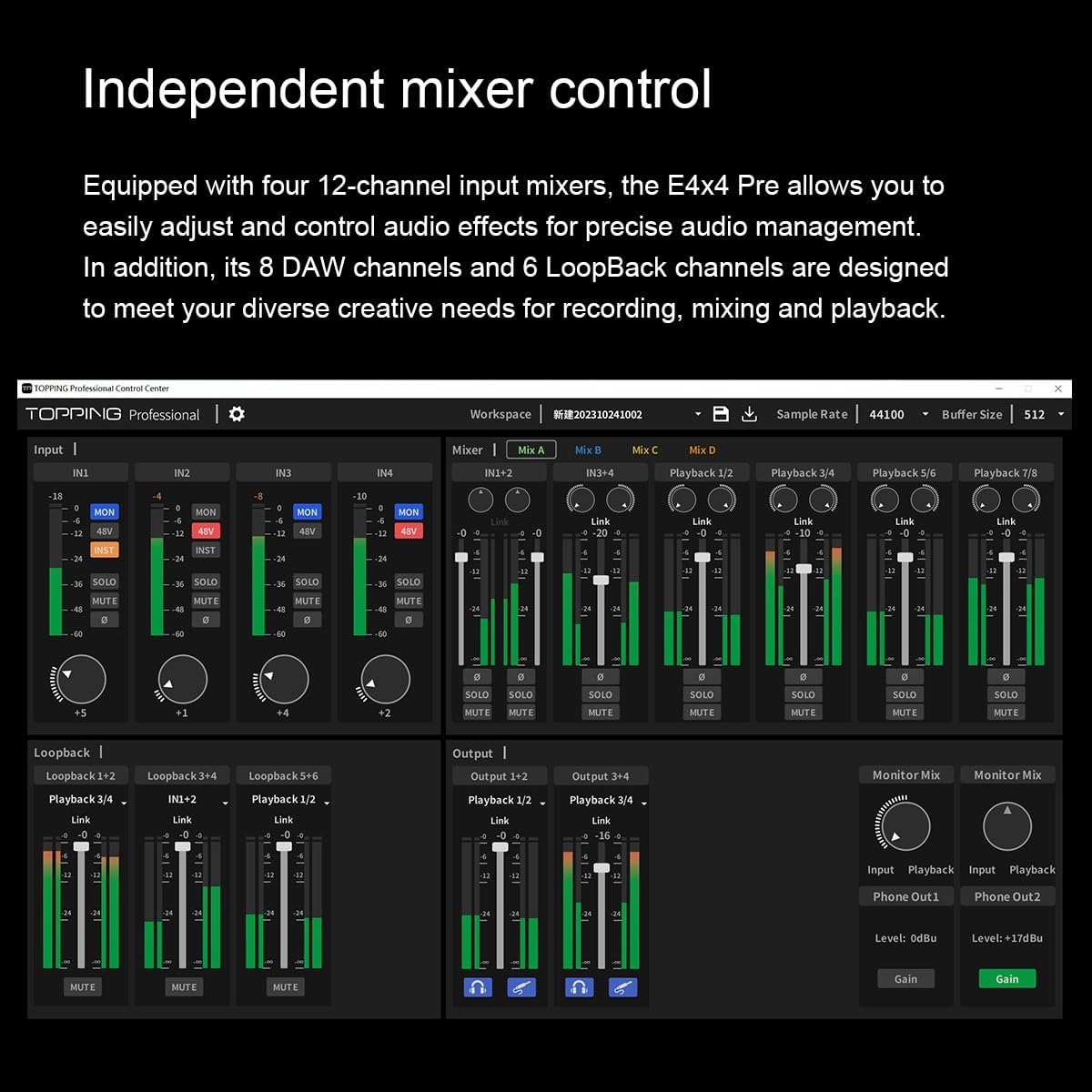 TOPPING E4X4 Pre USB Audio Interface - Dual USB-C Ports, 24bit/192kHz, 4IN/4OUT, Dual Headphone Outputs, Low Noise, Real-Time Monitoring, Mixer, for PC, Mac, iPhone, Professional Recording (White)