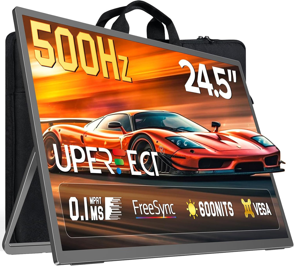 UPERFECT QLED Portable Gaming Monitor 500Hz 24.5'' Monitor, FreeSync 0.1ms, 125%sRGB 2000:1 600Nits, Built-in Stand, Speaker and VESA Mountable DP1.4 USB C HDMI Second Screen for Laptop, Game Console