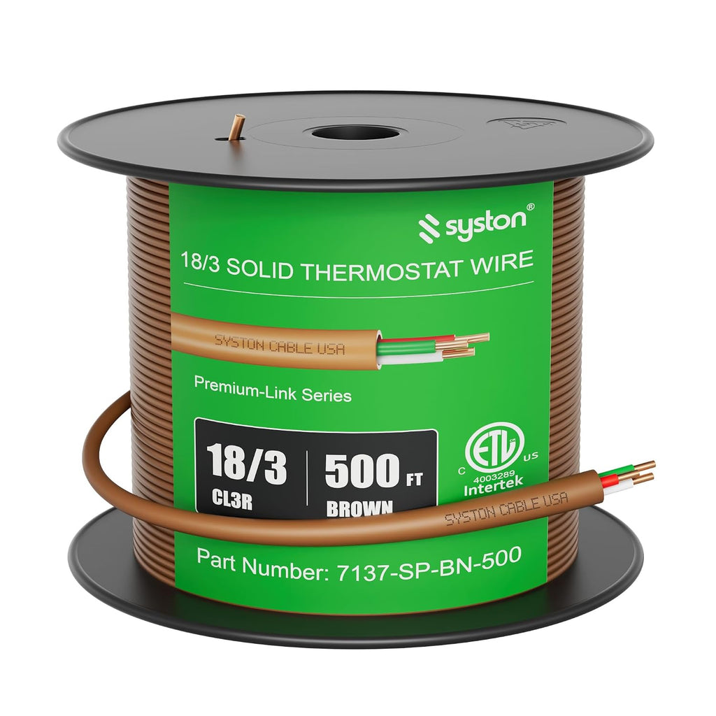 Syston 18/3 Thermostat Doorbell HVAC Heating Control Cable Wire, 18 AWG 3 Conductors 100% Solid Copper Conductors CL3R/FT4/CMR Riser-Rated, UV Resistant RoHS for Low Voltage Applications Use