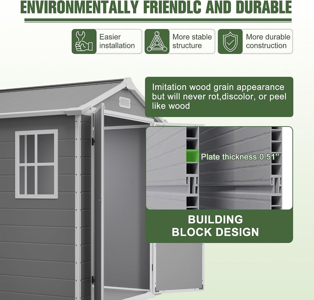 Resin Outdoor Storage Shed Kit Plastic Sheds Perfect to Store Patio Furniture, Garden Tools Bike Accessories, Beach Chairs and Lawn Mower, Grey (6x6 ft)