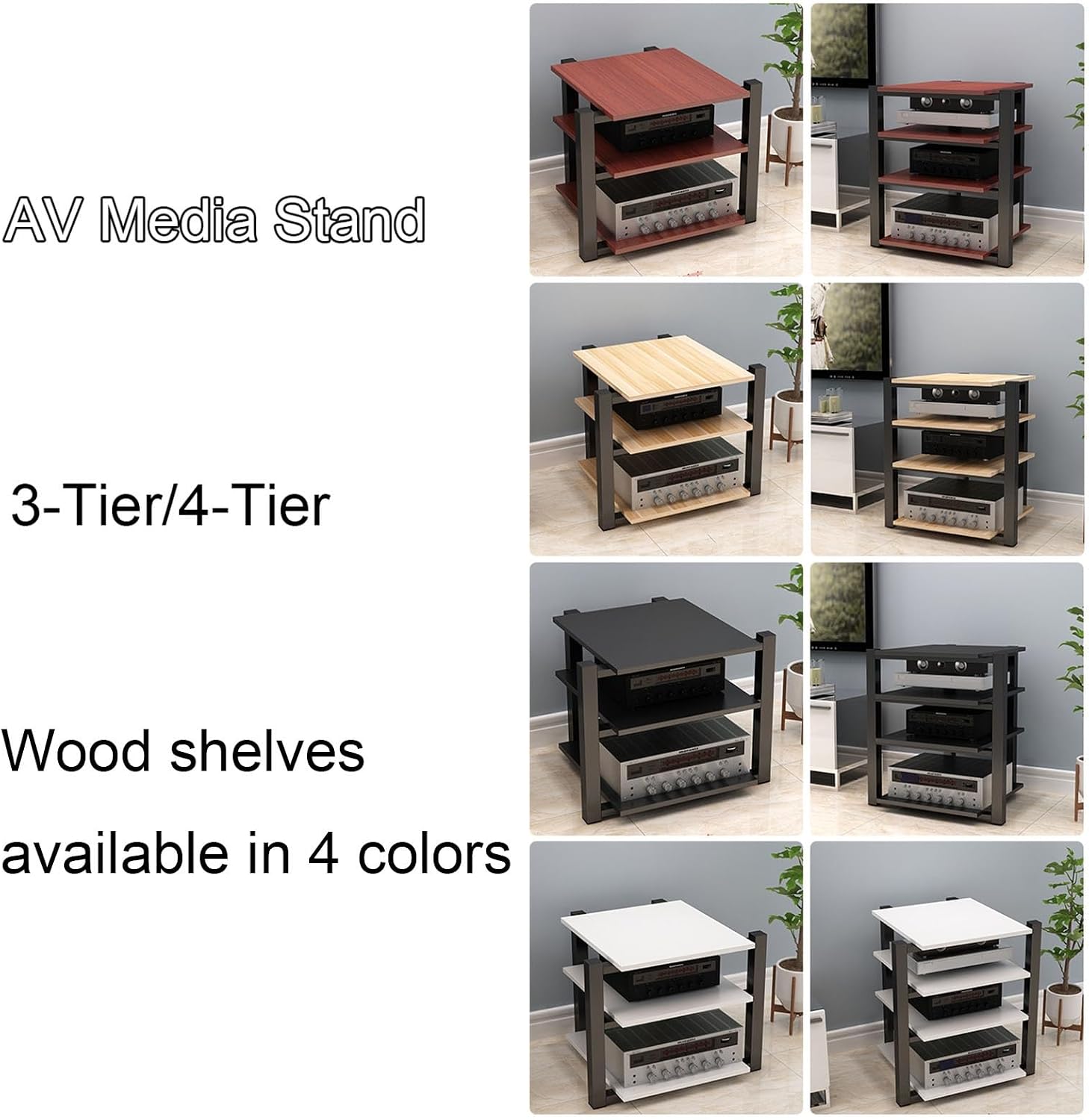 3/4-Tier Media Stand Modern AV Component Cabinet CD Player Stand Corner Audio Rack Tower Wooden Stereo Equipment Storage Cabinet for Home/Office/Theater,D-3-Tier
