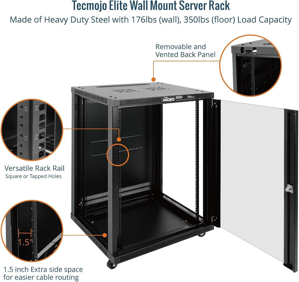 Tecmojo 18U Wall Mount Rack,18U Rack 23.6 Inch Depth,Hold Up to 176 Lbs,Server Rack with Casters,Enclosed Network Cabinet for 19 Inch Network,Server and AV Gear,Glass Door(Elite Collection)