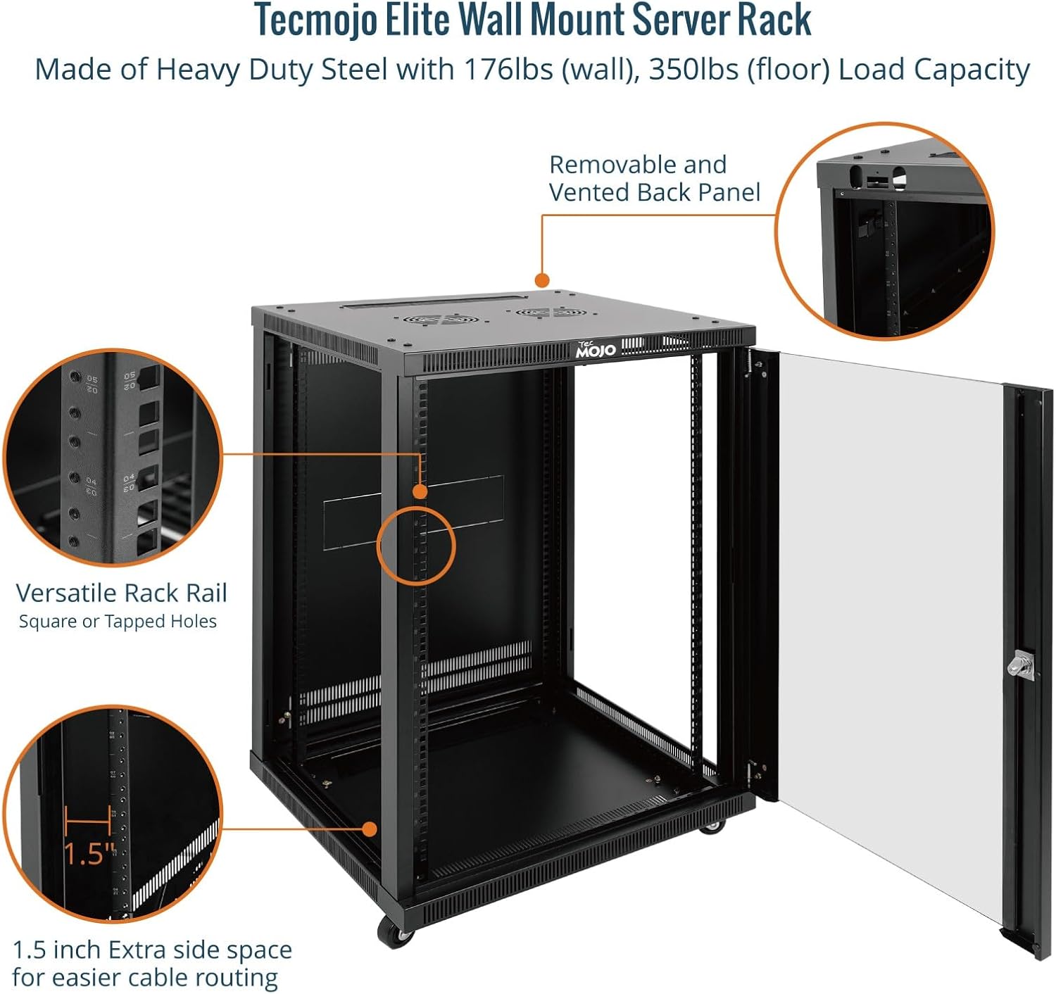 Tecmojo 18U Wall Mount Rack,18U Rack 23.6 Inch Depth,Hold Up to 176 Lbs,Server Rack with Casters,Enclosed Network Cabinet for 19 Inch Network,Server and AV Gear,Glass Door(Elite Collection)