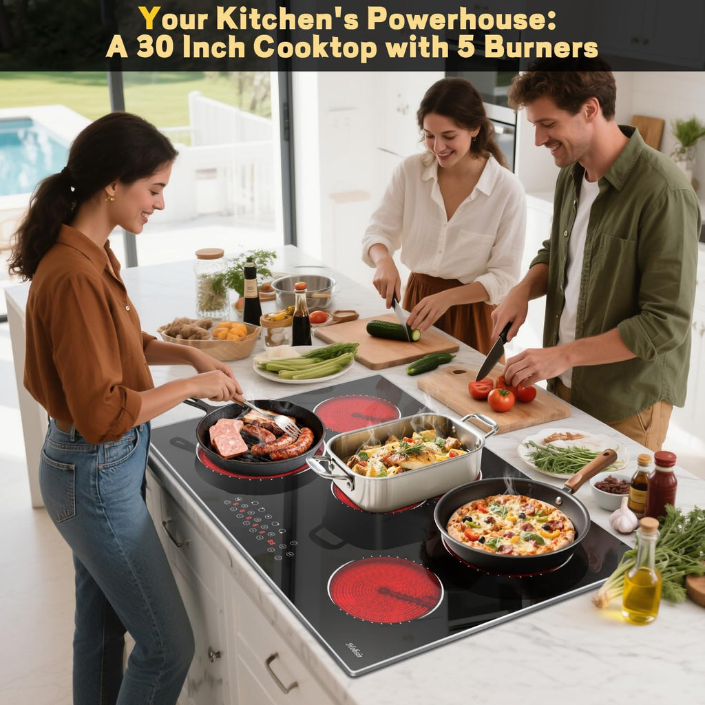 Hobsir 30 Inch Electric Cooktop, 5 Burners Cooktop, Electric Stove Top Burner, 8400W Drop-in Ceramic Stove Cooktops with Glass Metal Frame, Timer, Safety Lock, 220-240V, Hard Wired (No Plug) Cooktops