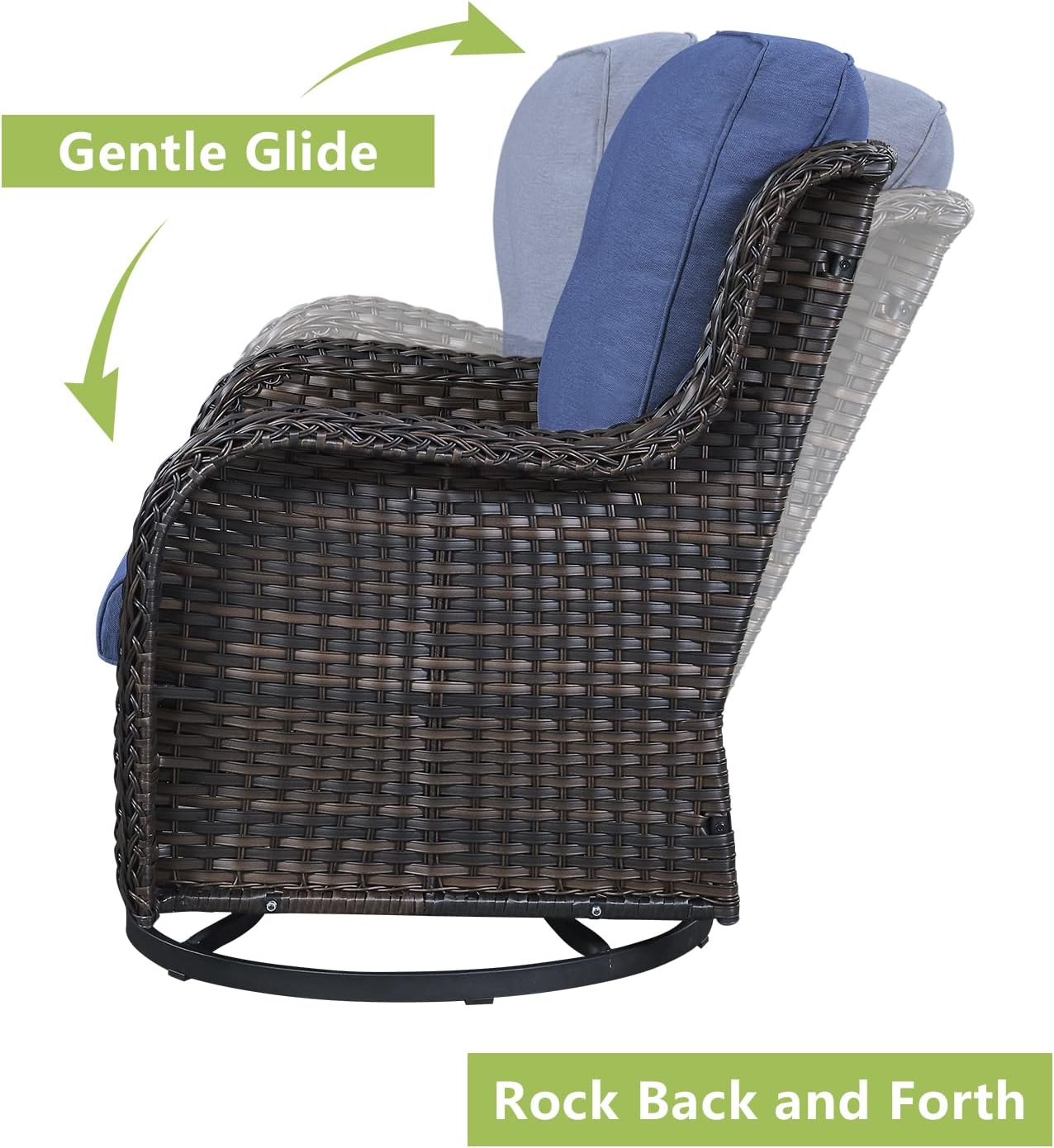Rilyson Wicker Rocking Chair Swivel Chairs - 2 Piece Rocker Patio Chairs Set Rattan Rocking Chair for Outdoor Porch Deck Garden Backyard (Brown/Blue)