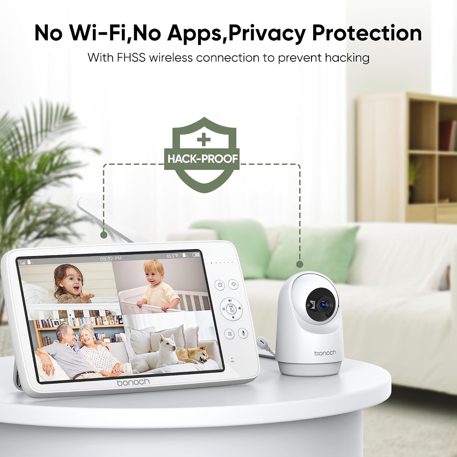 bonoch MegaView Baby Monitor No WiFi, 10' 720p Video Baby Montior with Camera and Audio, Up to Quad Split Screen, 10000mAh Battery, VOX Mode, Remote PTZ, Night Vision, for Multi-Child, Pets, Elderly