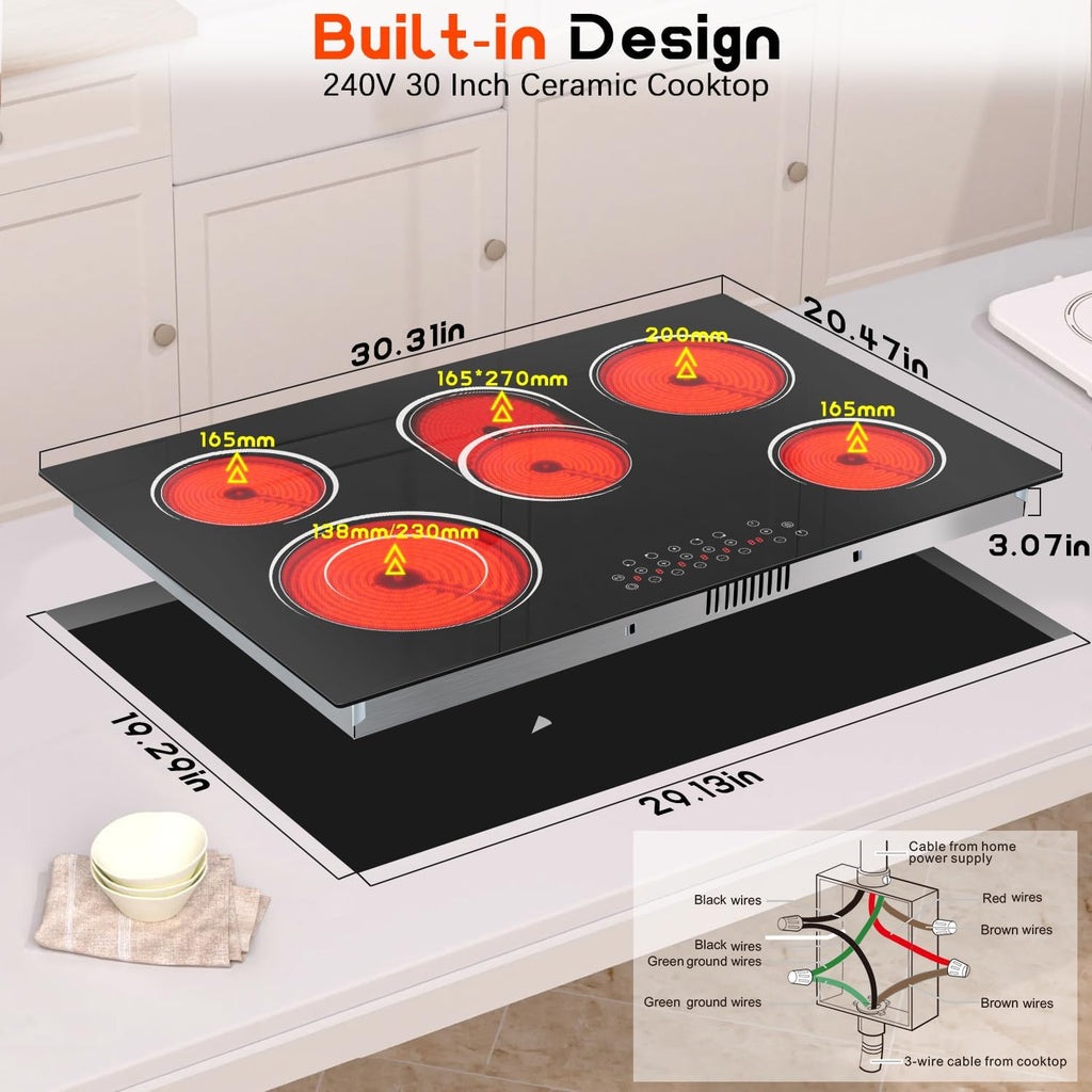 30 Inch Electric Cooktop 5 Burner 8400W Electric Stove 30 Inches Built-in Ceramic Stovetop with Touch Control, Timer, 9 Power Level, Safety Lock & Pause, 220V-240V Hard Wird (No Plug)