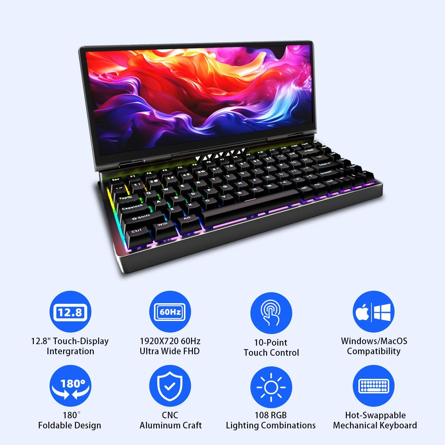12.8' Portable Monitor Touchscreen with Mechanical Keyboard Stretched Bar Screen Extender RGB Backlit Hot-Swap USB-A Type-C Monitor for Laptop Desktop Mini PC MacBook (Driver Need)