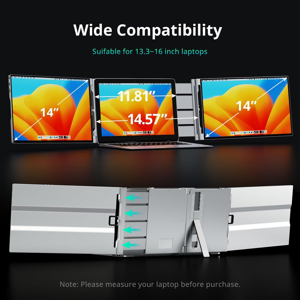 AYY Laptop Screen Extender, 14' FHD 1200P Portable Triple Monitor for 13'-17' Laptops, Aluminum Alloy Stand, Compatible with MacOS/Windows/Chrome
