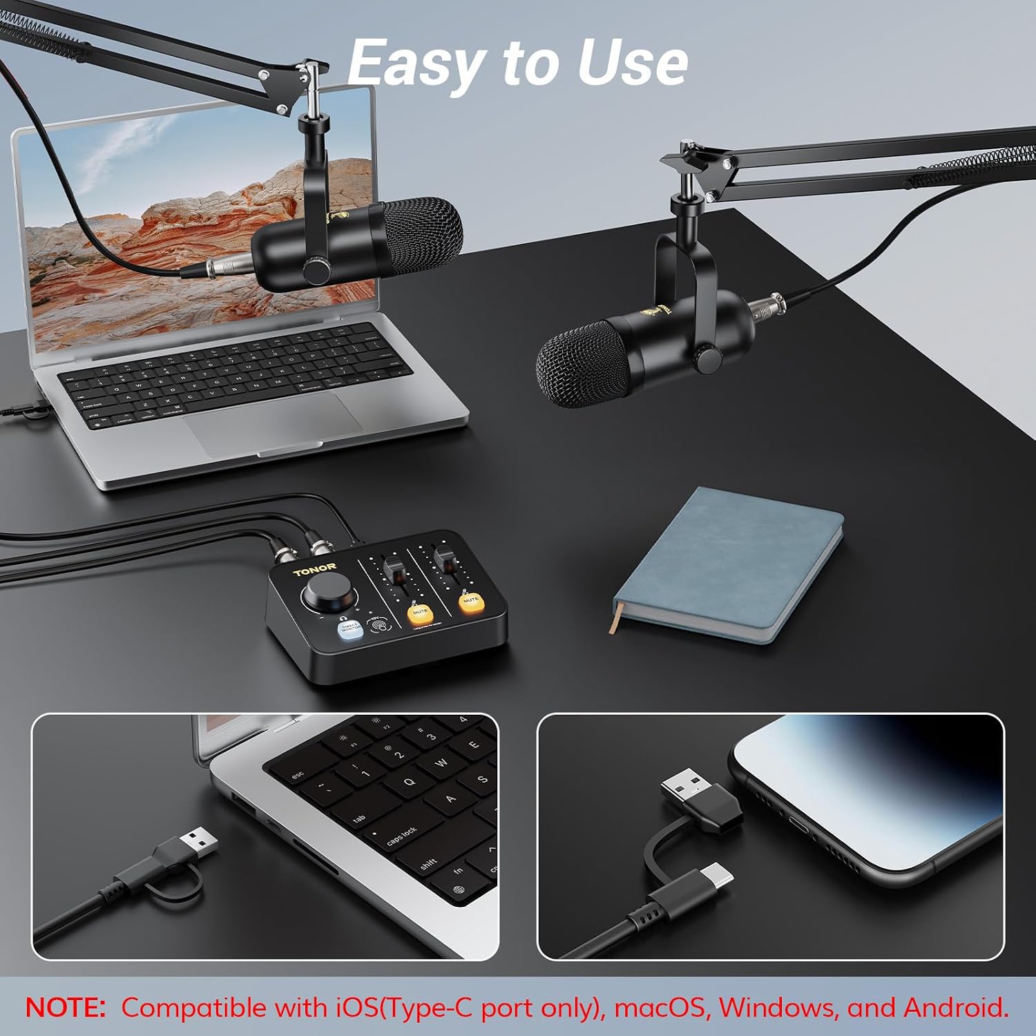 TONOR Podcast Equipment Bundle for 2, Audio Mixer with Dynamic Microphone and Boom Arm Set, XLR Mic with Studio Audio Interface, Boom Arm, All-in-One Pack for Recording, Podcasting, Streaming, POD-2