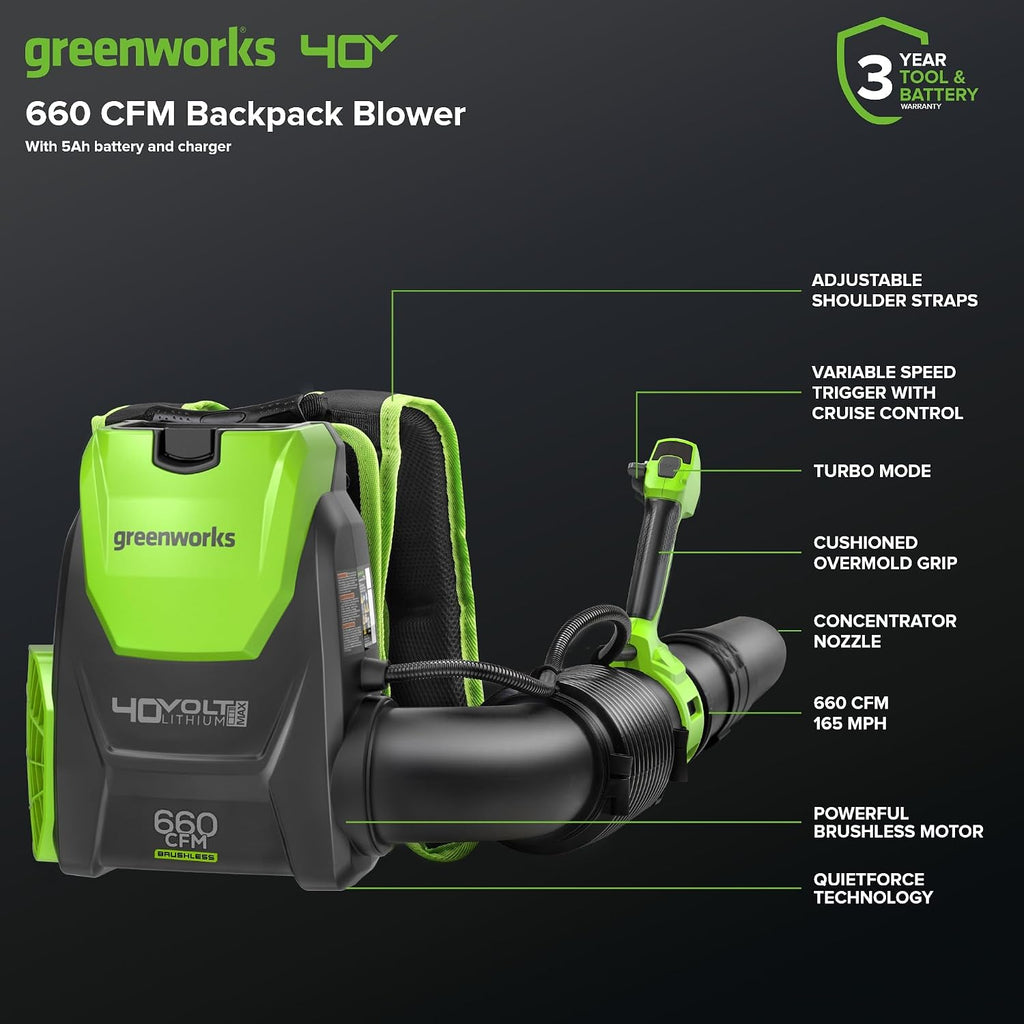 Greenworks 40V (660 CFM / 165 MPH) Brushless Backpack Leaf Blower, High Power for Yards, Driveways, Patios, Includes 5.0Ah Battery & 5A Rapid Charger
