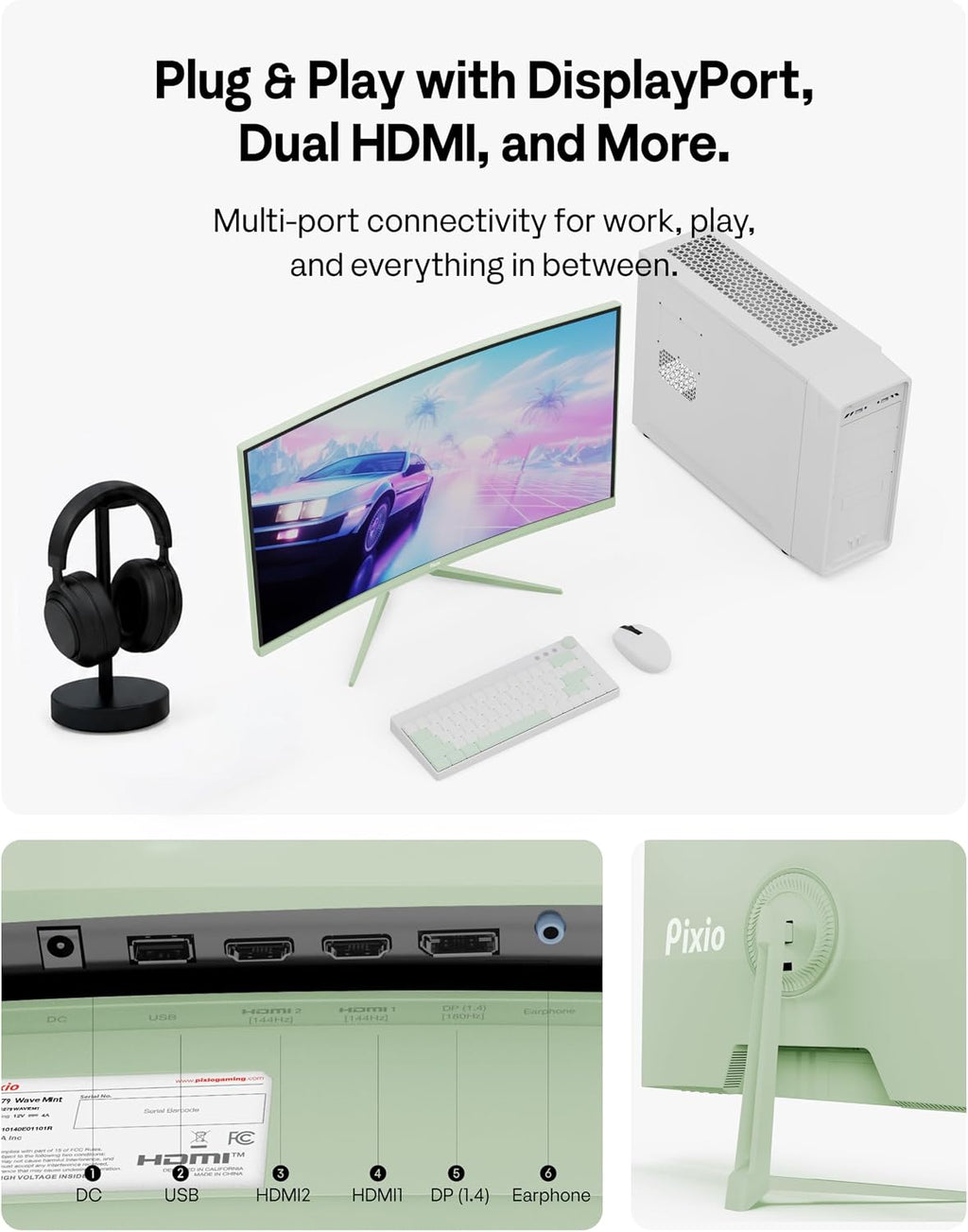 Pixio PXC279 Wave Mint Green 27 inch 300Hz Refresh Rate FHD 1080p Resolution 1650R Curved Fast VA Panel 1ms GTG Response Time Adaptive Sync HDR Curved Gaming Monitor