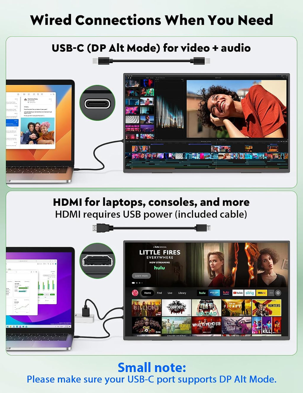 ZSCMALLS 23.8 Inch Wireless Portable Monitor with Built‑in Battery, 1080P FHD IPS Display, AirPlay & Miracast Screen Casting, No App Needed, USB‑C DP Alt Mode & HDMI, VESA