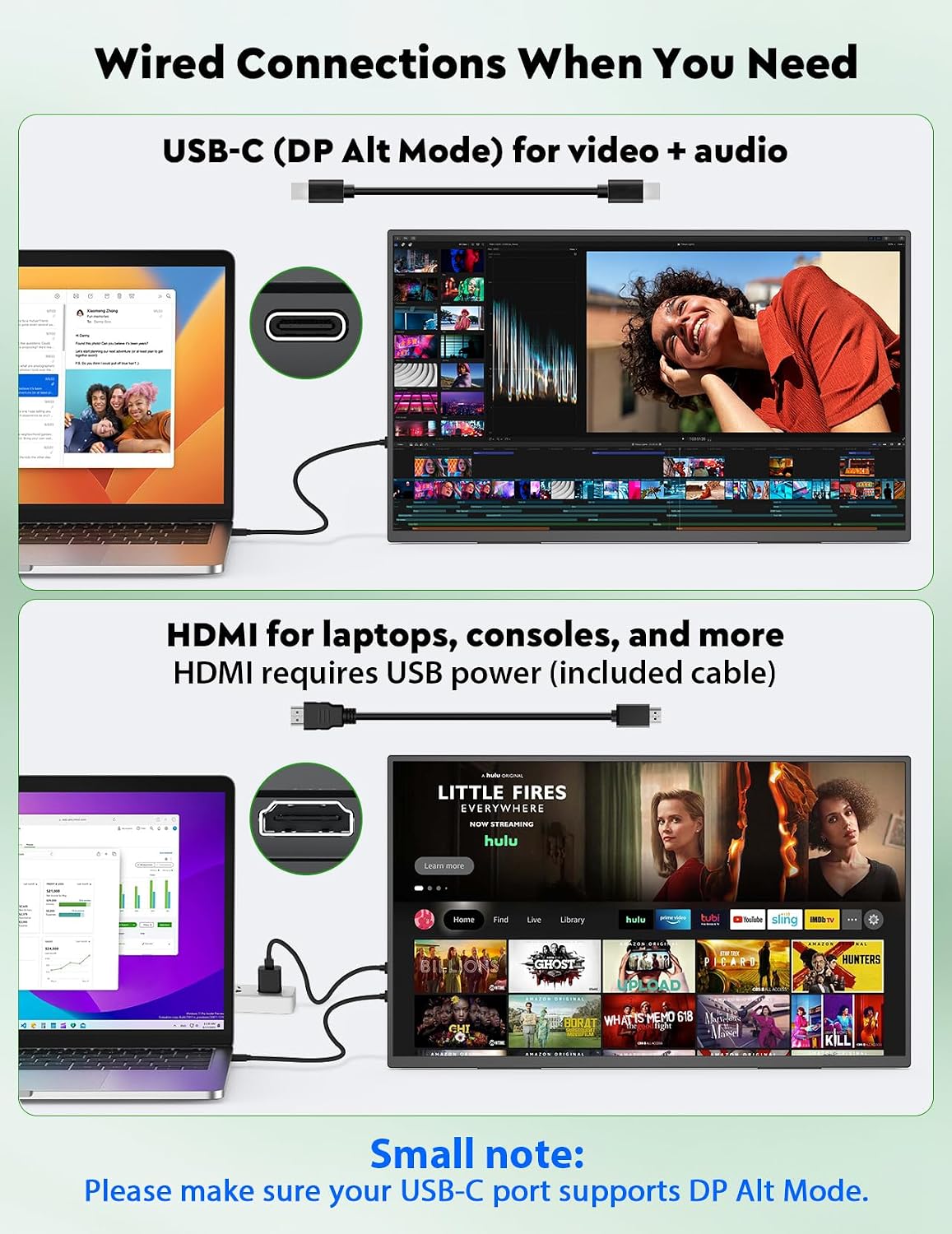 ZSCMALLS 23.8 Inch Wireless Portable Monitor with Built‑in Battery, 1080P FHD IPS Display, AirPlay & Miracast Screen Casting, No App Needed, USB‑C DP Alt Mode & HDMI, VESA