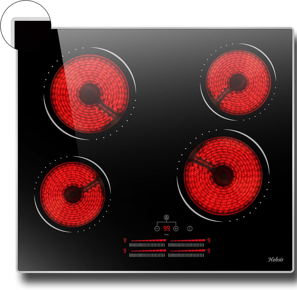 Hobsir 24 Inch Electric Cooktop 4 Burner 6000W, 24' Radiant Electric Stove Top, Built-in Ceramic Stove Top with Sliding Control, Timer, Safety Lock, 9 Power Levels, 220V-240V Hard Wire (No Plug)