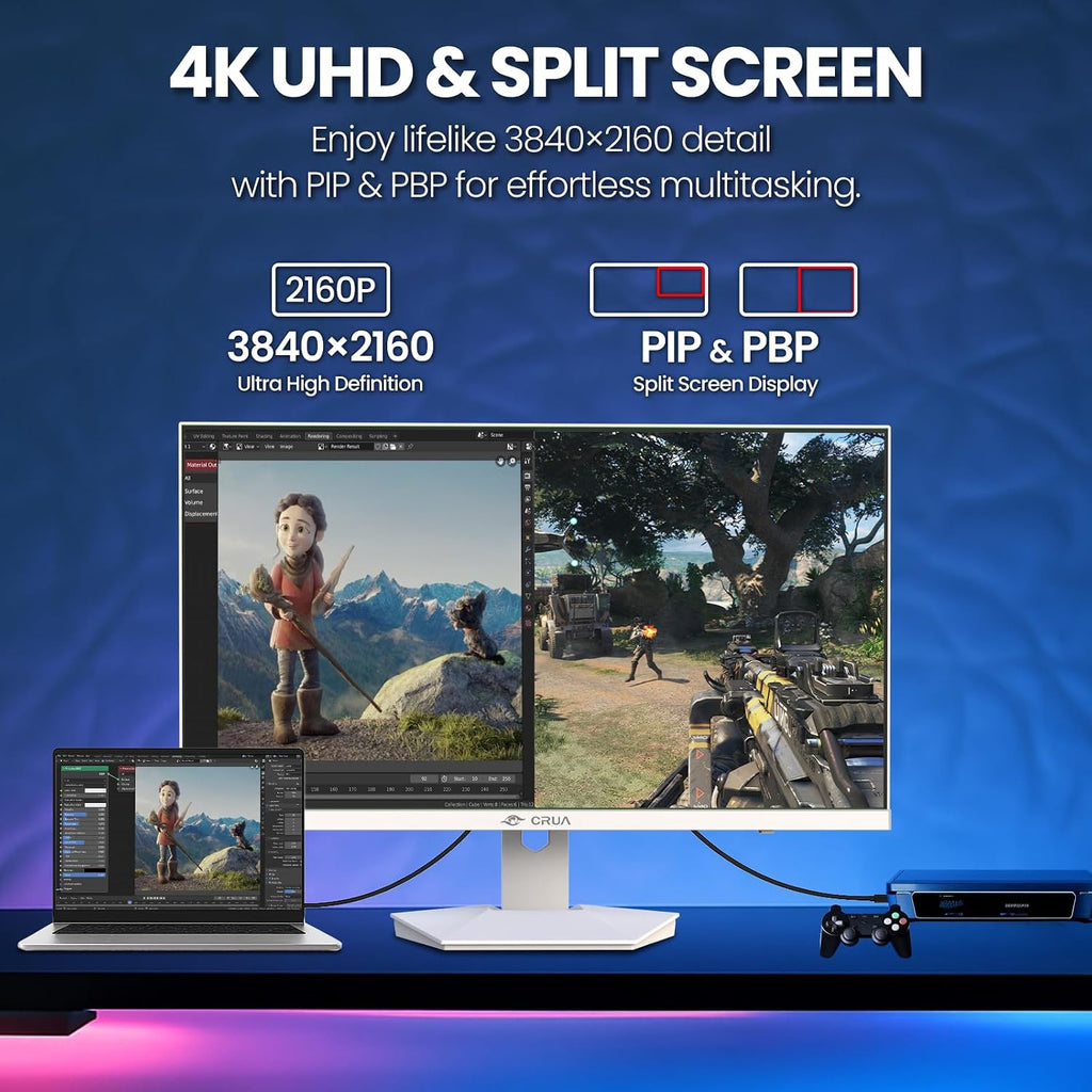 CRUA 27'' 4K Gaming Monitor, UHD 160Hz / FHD 320Hz Dual Mode IPS White Computer Monitors, Rotating/Pivot & Height-Adjustable, AMD FreeSync, Built-in Speakers, PIP/PBP, HDMI 2.1 & DP 1.4