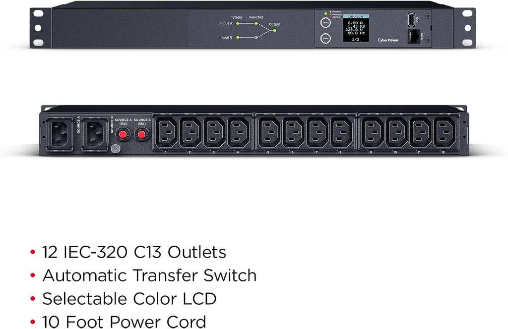 CyberPower PDU24004 Metered ATS PDU, 200-240V, 15A (Derated to 12A), 12 Outlets, 1U Rackmount