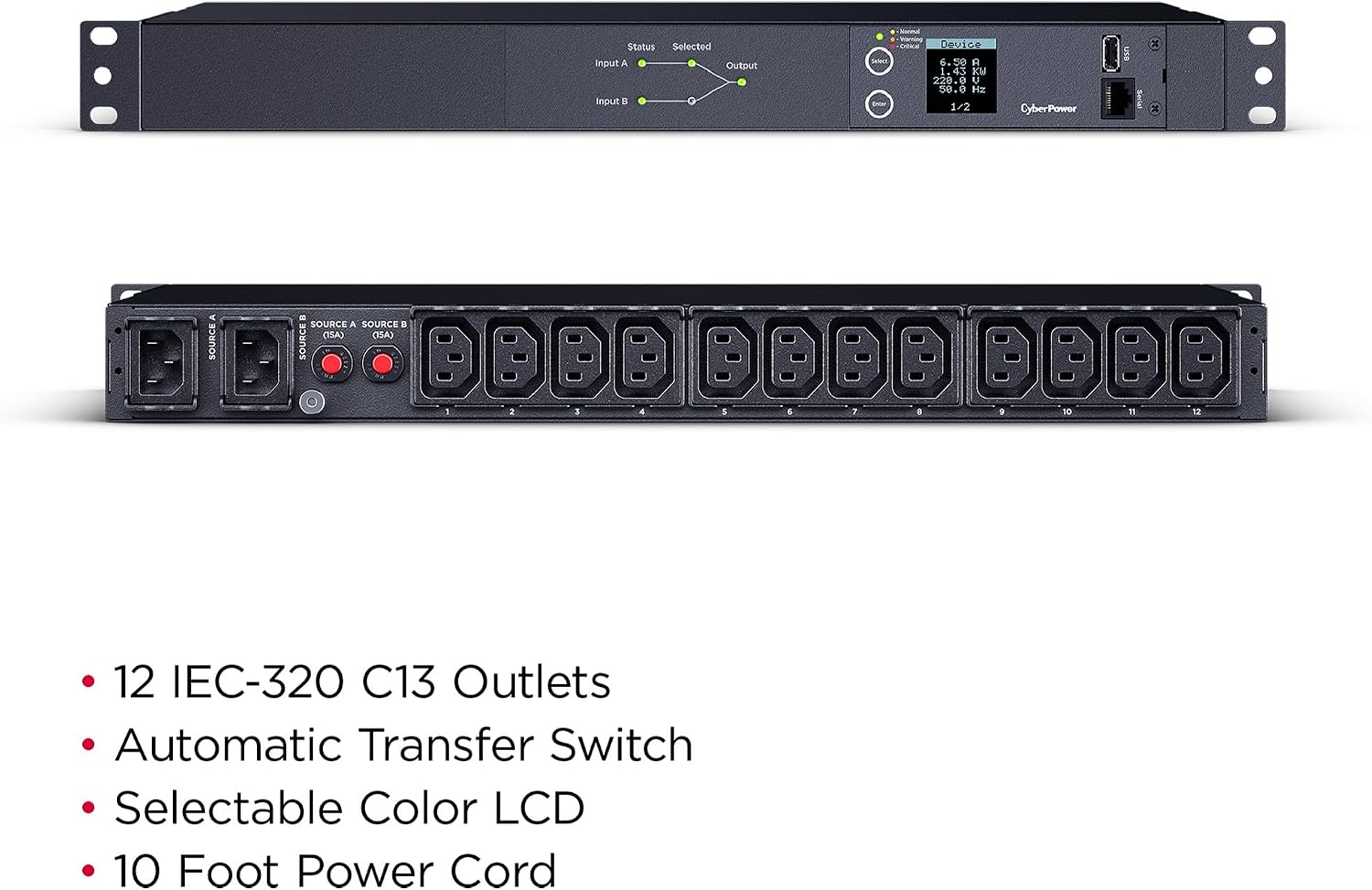CyberPower PDU24004 Metered ATS PDU, 200-240V, 15A (Derated to 12A), 12 Outlets, 1U Rackmount