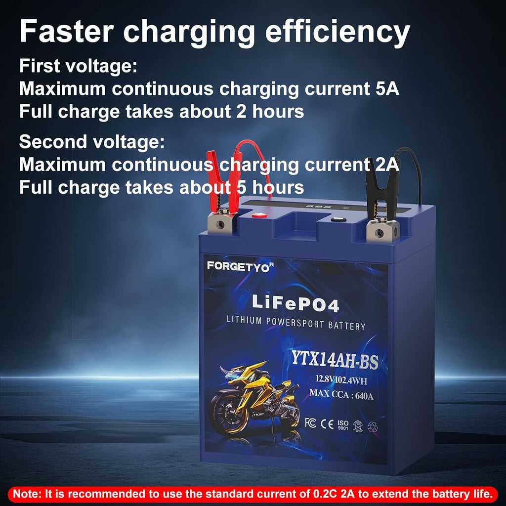 Lithium Motorcycle Battery, Forgetyo YTX14AH-BS 12V 8AH 640A LiFePO4 Lithium Battery, ATV, UTV, Jet Ski Battery