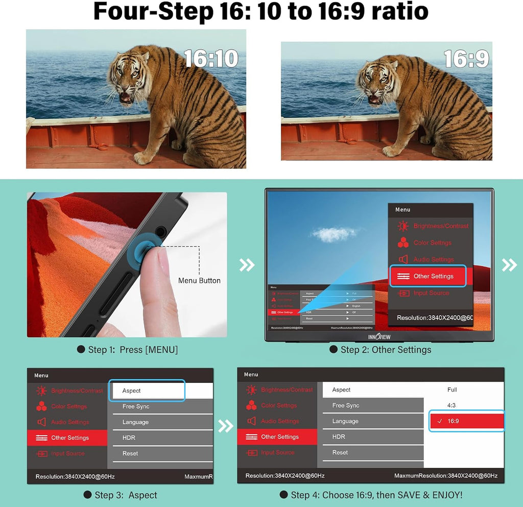 InnoView 16' Portable Monitor 120Hz 2.5K QHD 2160x1600 100% sRGB Laptop Screen Extender | 2 x Type-C & HDMI Portable Monitor for Macbook/Switch/PS5/Xbox(Adapter Excluded)