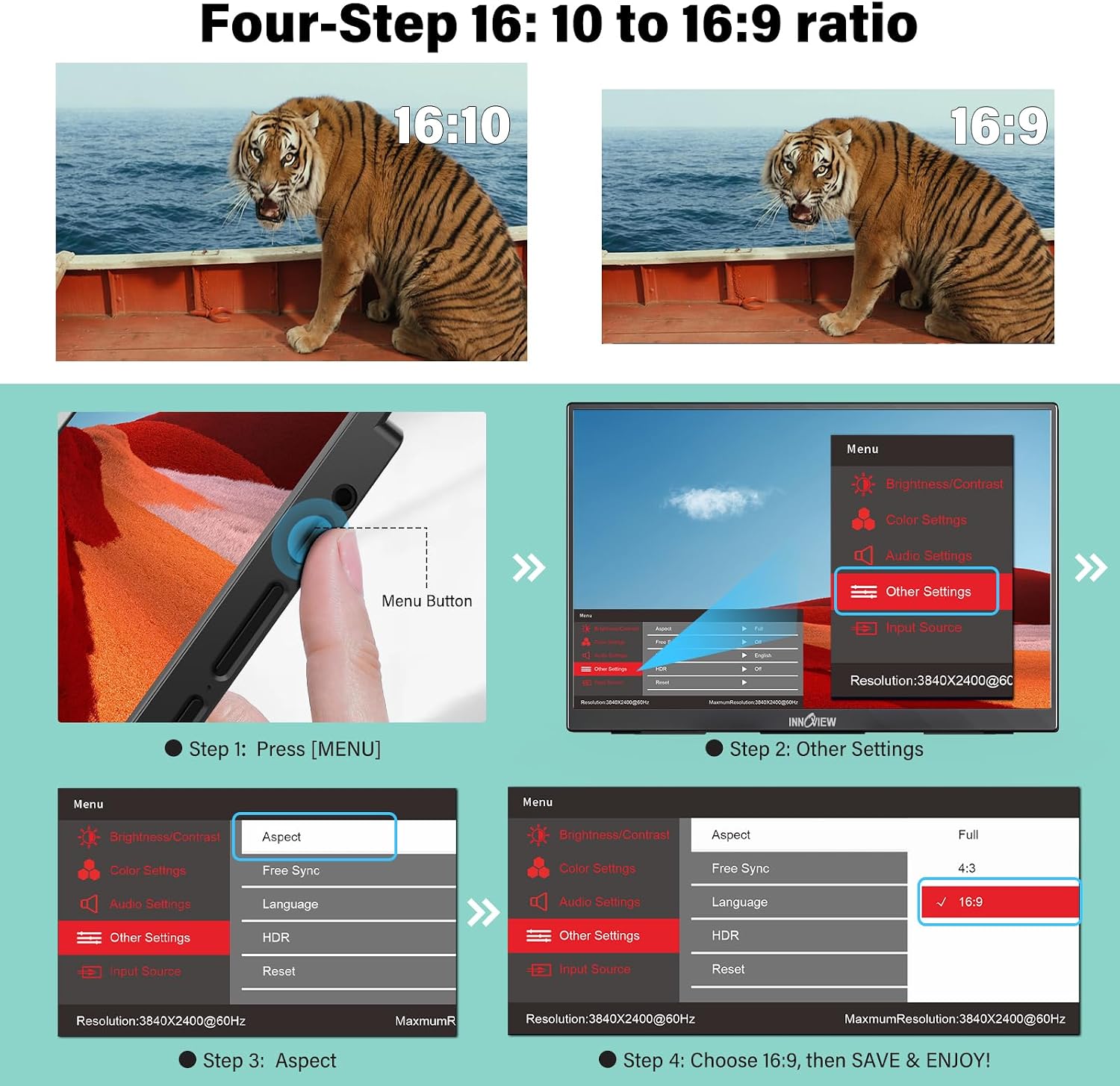 InnoView 16' Portable Monitor 120Hz 2.5K QHD 2160x1600 100% sRGB Laptop Screen Extender | 2 x Type-C & HDMI Portable Monitor for Macbook/Switch/PS5/Xbox(Adapter Excluded)