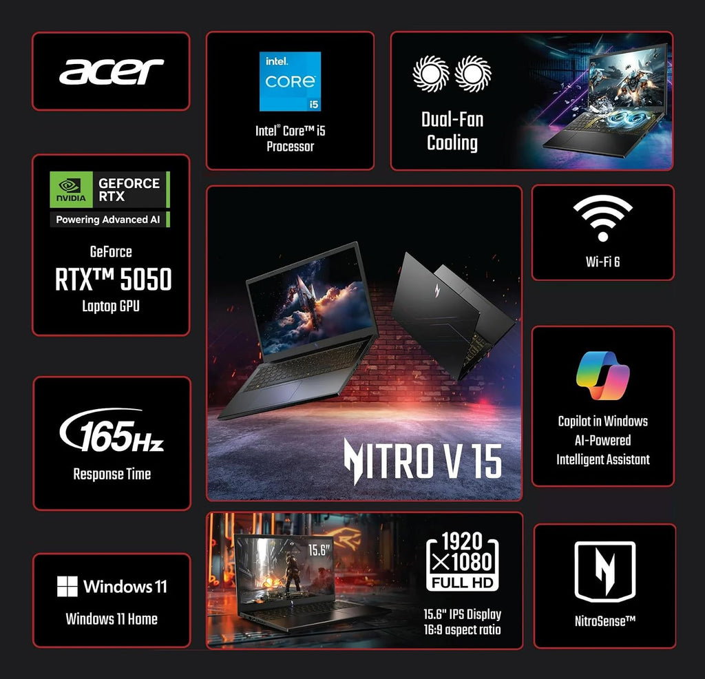 Acer Nitro V 15.6' FHD IPS 165Hz Gaming Laptop, Intel Core i5-13420H, NVIDIA GeForce RTX 5050 with 8GB GDDR7 VRAM, Win11H, w/Mouse pad (32GB RAM, 1TB PCIe SSD)